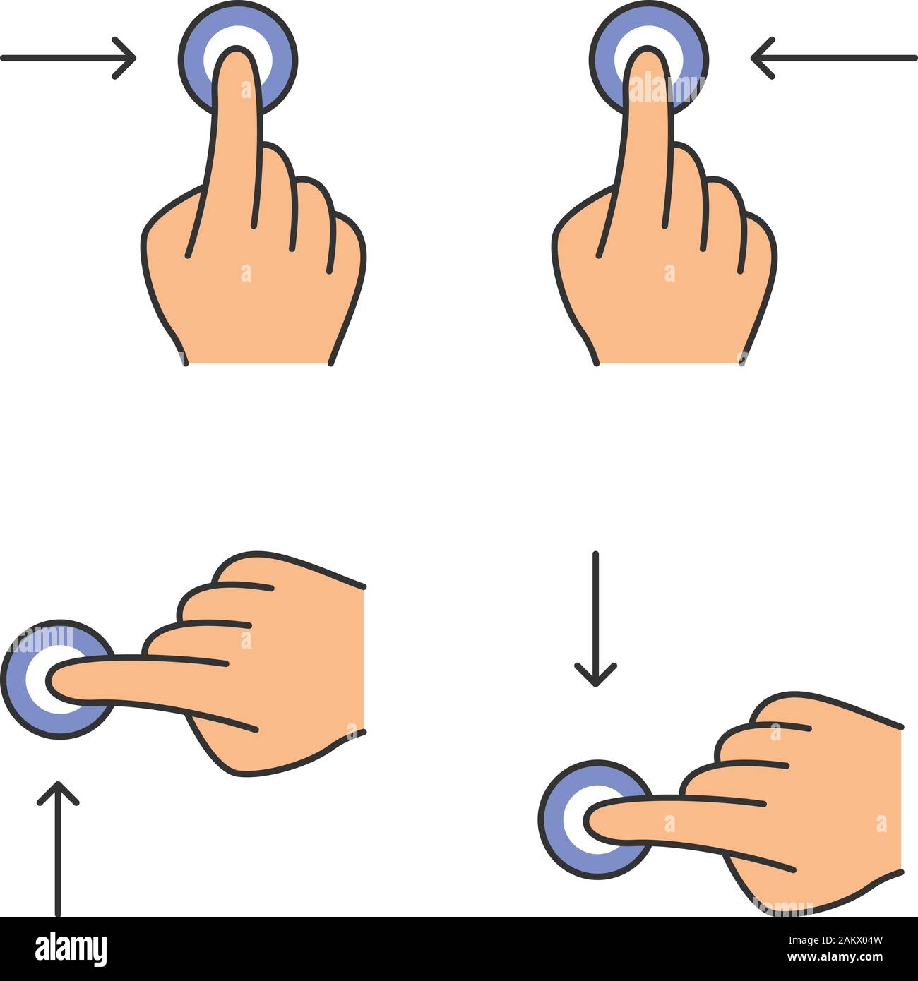 Touchscreen gestures color icons set. Horizontal scroll left, horizontal scroll right gesturing. Vertical scroll up and vertical scroll down. Human fi Stock Vector