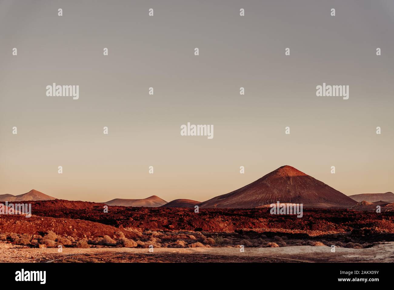 Volcanoes National Park, Lanzarote. Sunset view over a martian landscape Stock Photo