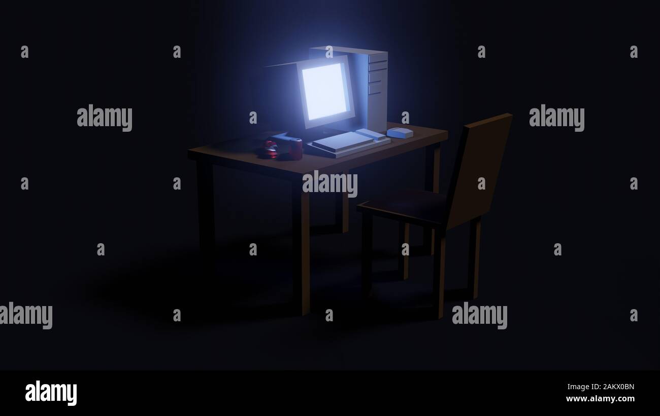 Retro computer old technology on table with chair at night. low poly 3D rendering. Stock Photo