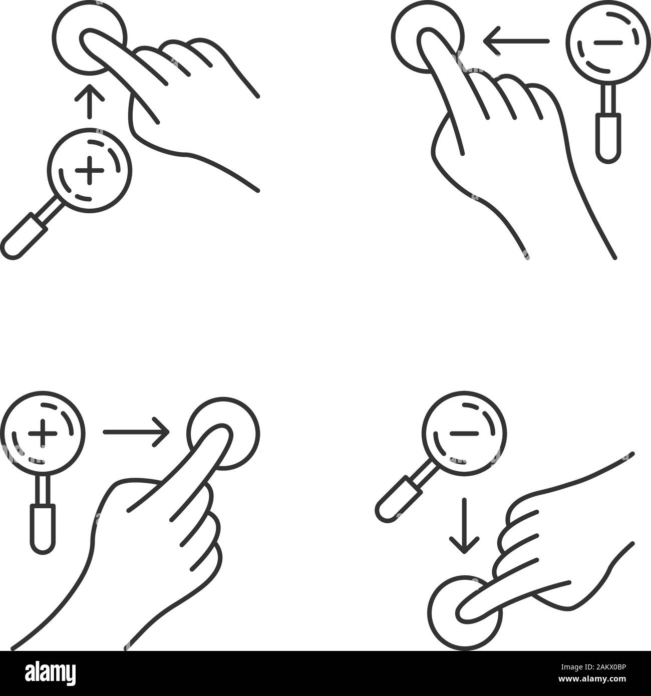 Touchscreen gestures linear icons set. Zoom in vertical, zoom out vertical gesturing. Zoom in horizontal, zoom out horizontal. Thin line contour symbo Stock Vector