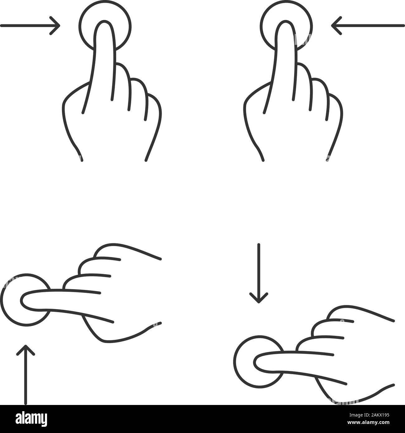 Touchscreen gestures linear icons set. Horizontal scroll left, scroll right gesturing. Vertical scroll up, scroll down. Thin line contour symbols. Iso Stock Vector