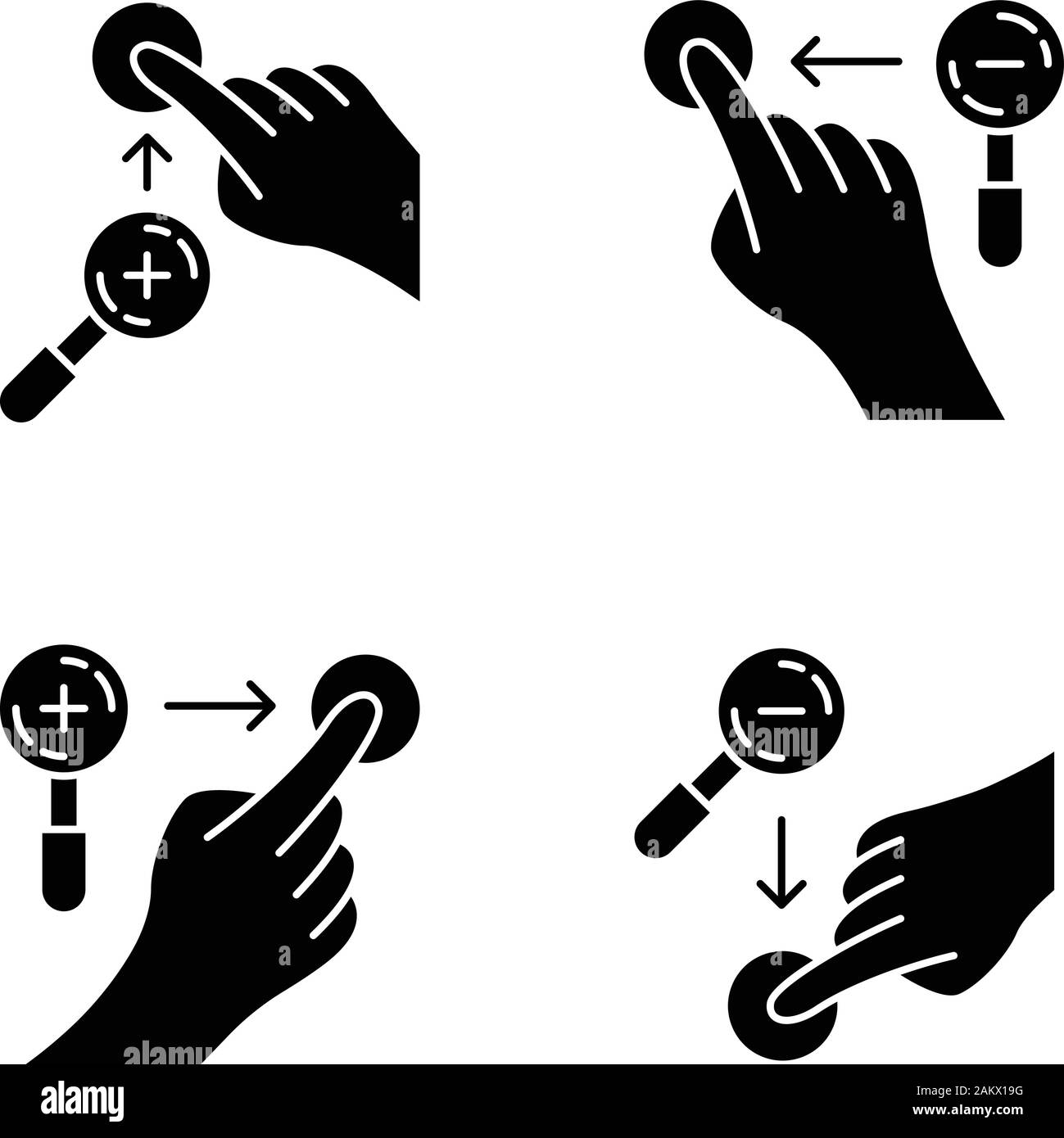 Touchscreen gestures glyph icons set. Zoom in vertical, zoom out vertical gesturing. Zoom in horizontal and zoom out horizontal. Human fingers. Silhou Stock Vector