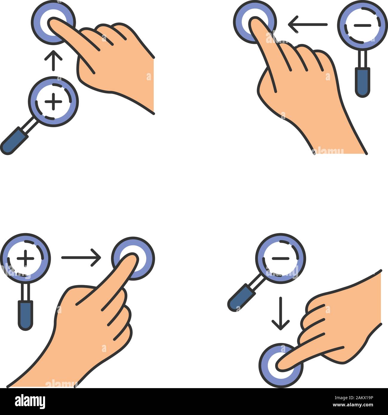 Touchscreen gestures color icons set. Zoom in vertical, zoom out vertical gesturing. Zoom in horizontal and zoom out horizontal. Human fingers. Isolat Stock Vector