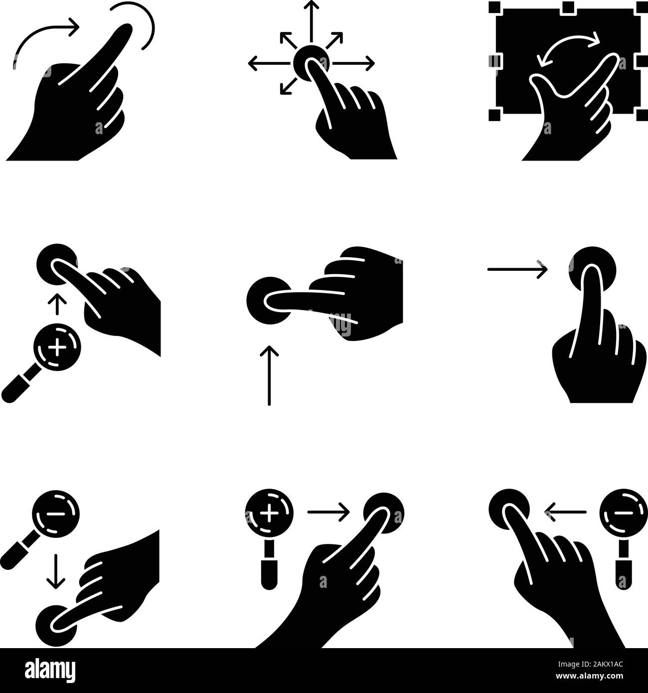 Touchscreen gestures glyph icons set. Vertical scroll up, horizontal scroll right. Zoom in vertical, zoom out horizontal. Drag finger all directions. Stock Vector