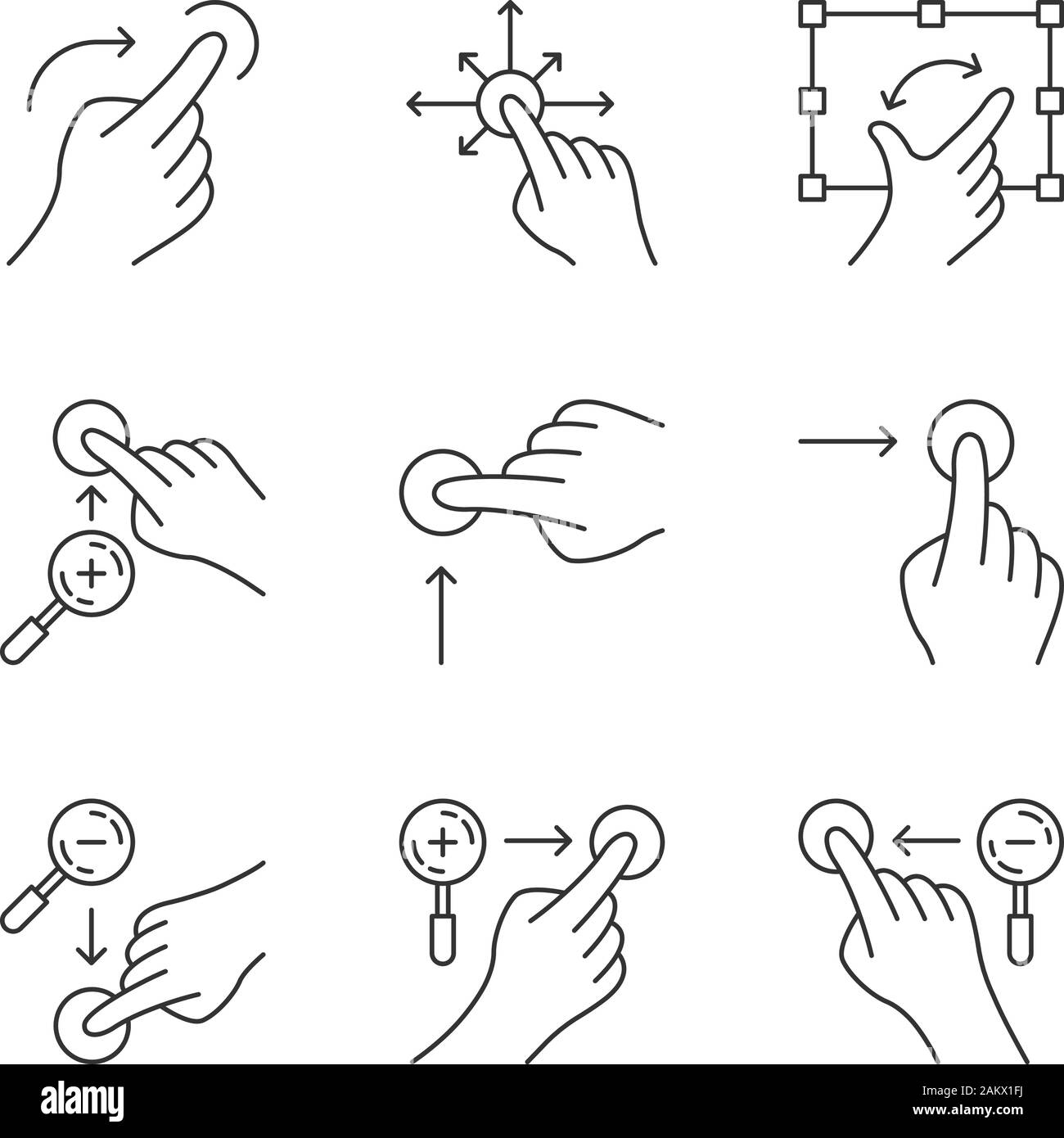 Touchscreen gestures linear icons set. Scroll up, scroll right. Zoom in vertical, zoom out horizontal. Drag finger all directions. Thin contour symbol Stock Vector