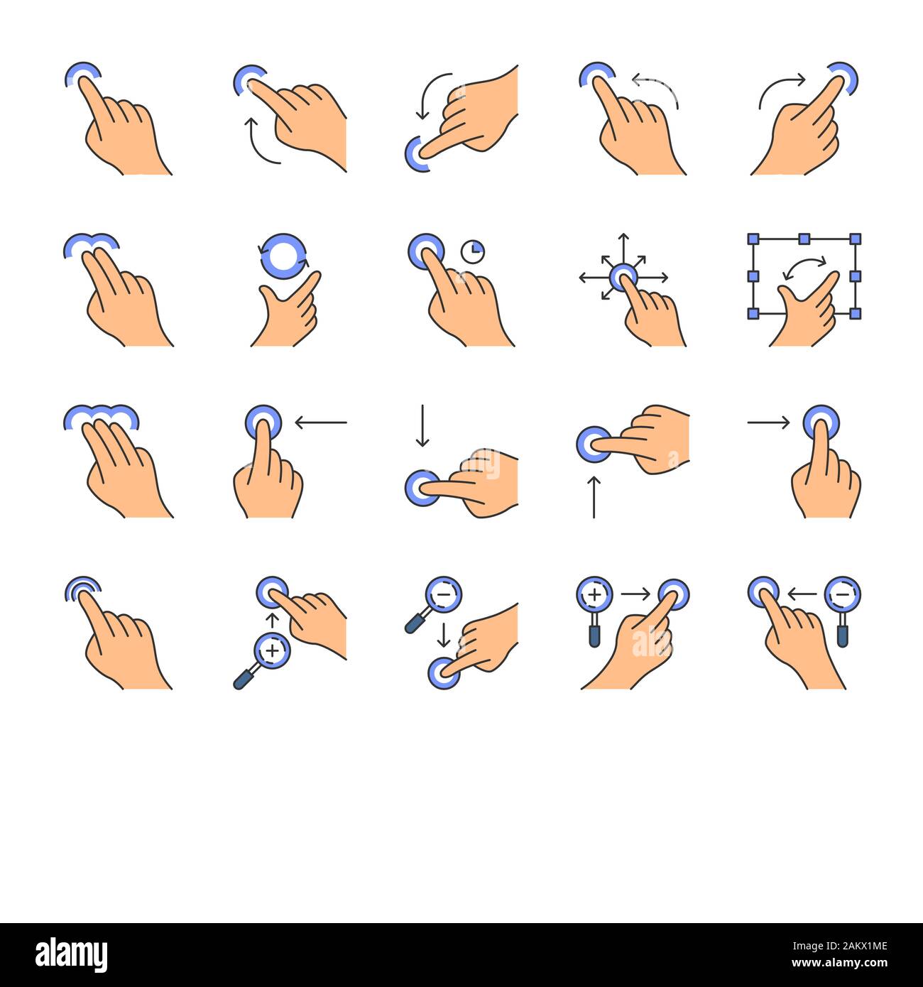 Touchscreen gestures color icons set. Tap, point, 2x tap, 3x click gesturing. Flick, zoom gesture. Vertical, horizontal scroll up, down. Drag finger a Stock Vector