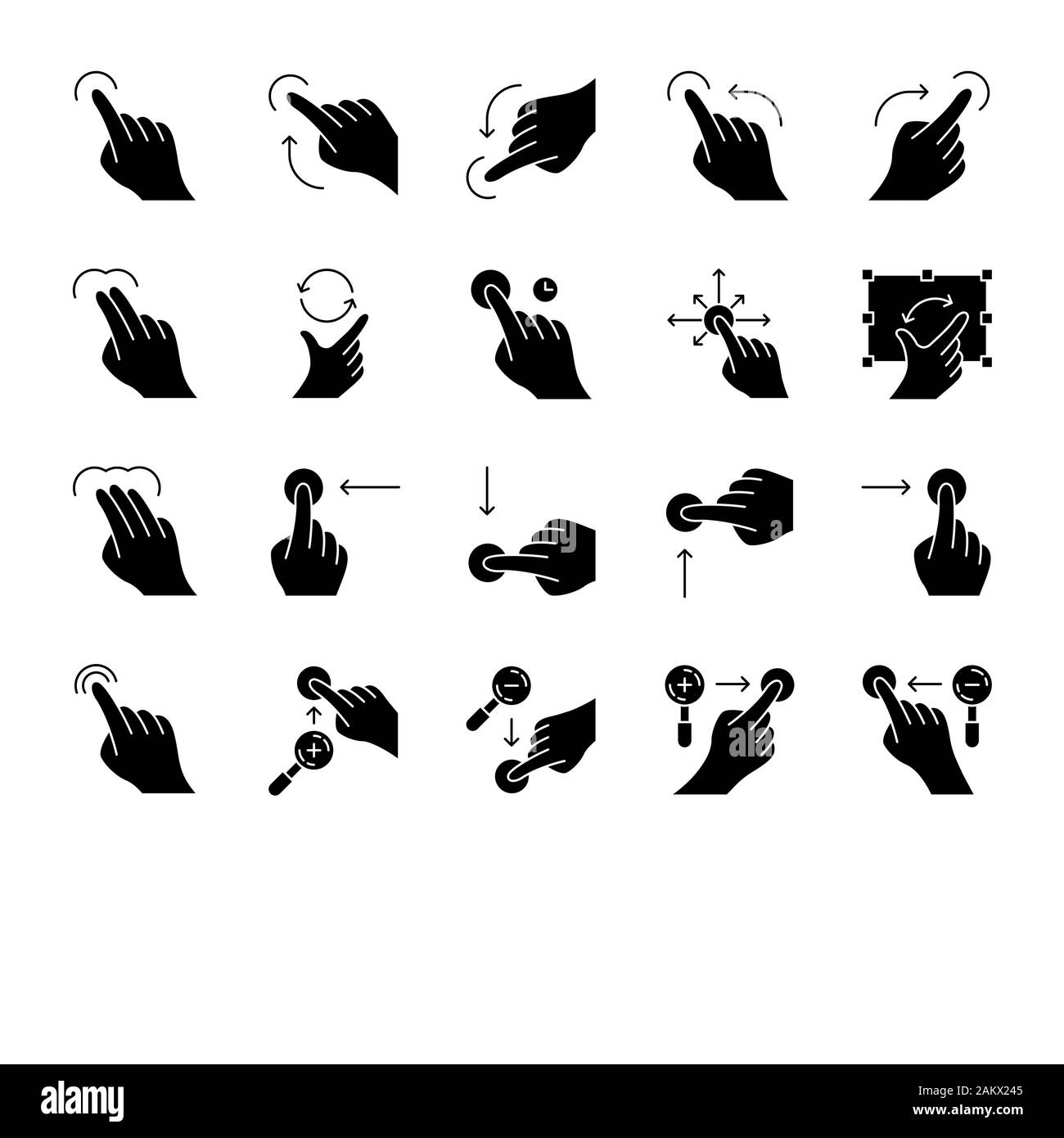 Touchscreen gestures glyph icons set. Tap, point, 2x tap, 3x click gesturing. Flick, zoom gesture. Scroll up, down. Drag finger all directions. Silhou Stock Vector