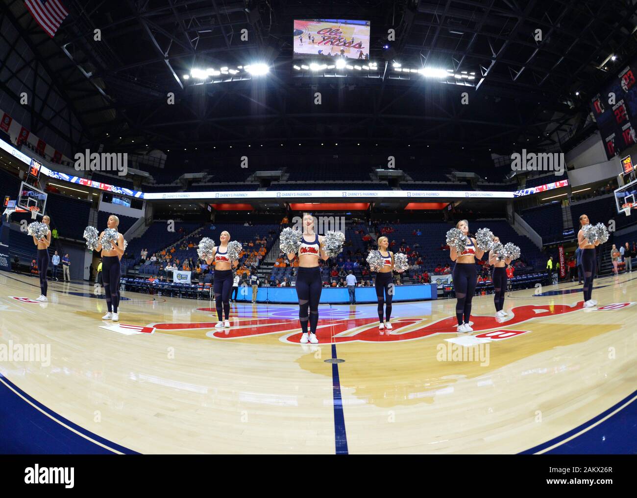 Oxford, MS, USA. 09th Jan, 2020. Ole' Miss cheerleaders perform during the NCAA women's basketball game between the Tennessee Lady Volunteers and the Ole' Miss Rebels at The Pavillion in Oxford, MS. Kevin Langley/Sports South Media/CSM/Alamy Live News Stock Photo