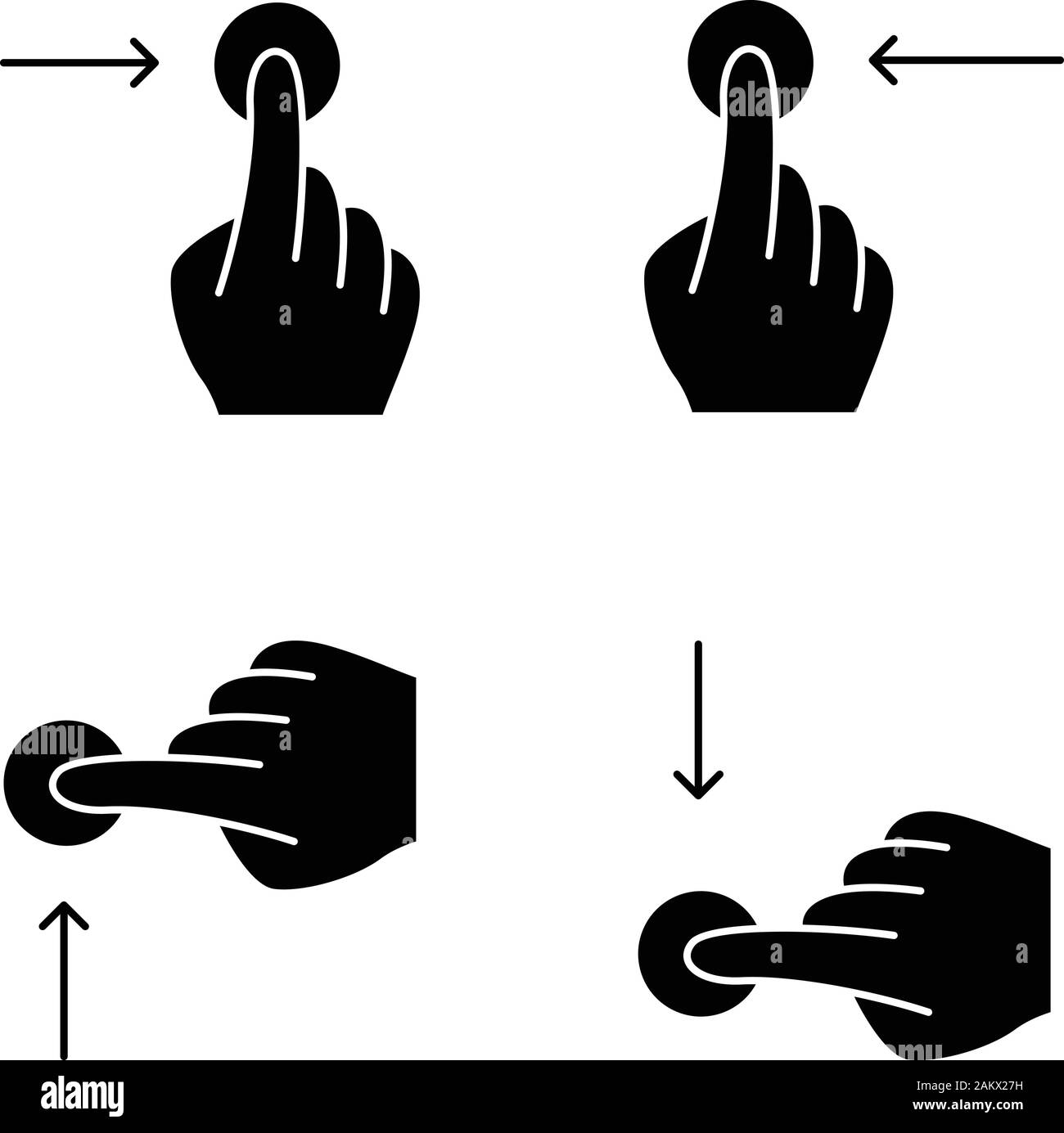 Touchscreen gestures glyph icons set. Horizontal scroll left, horizontal scroll right gesturing. Vertical scroll up and scroll down. Human fingers. Si Stock Vector
