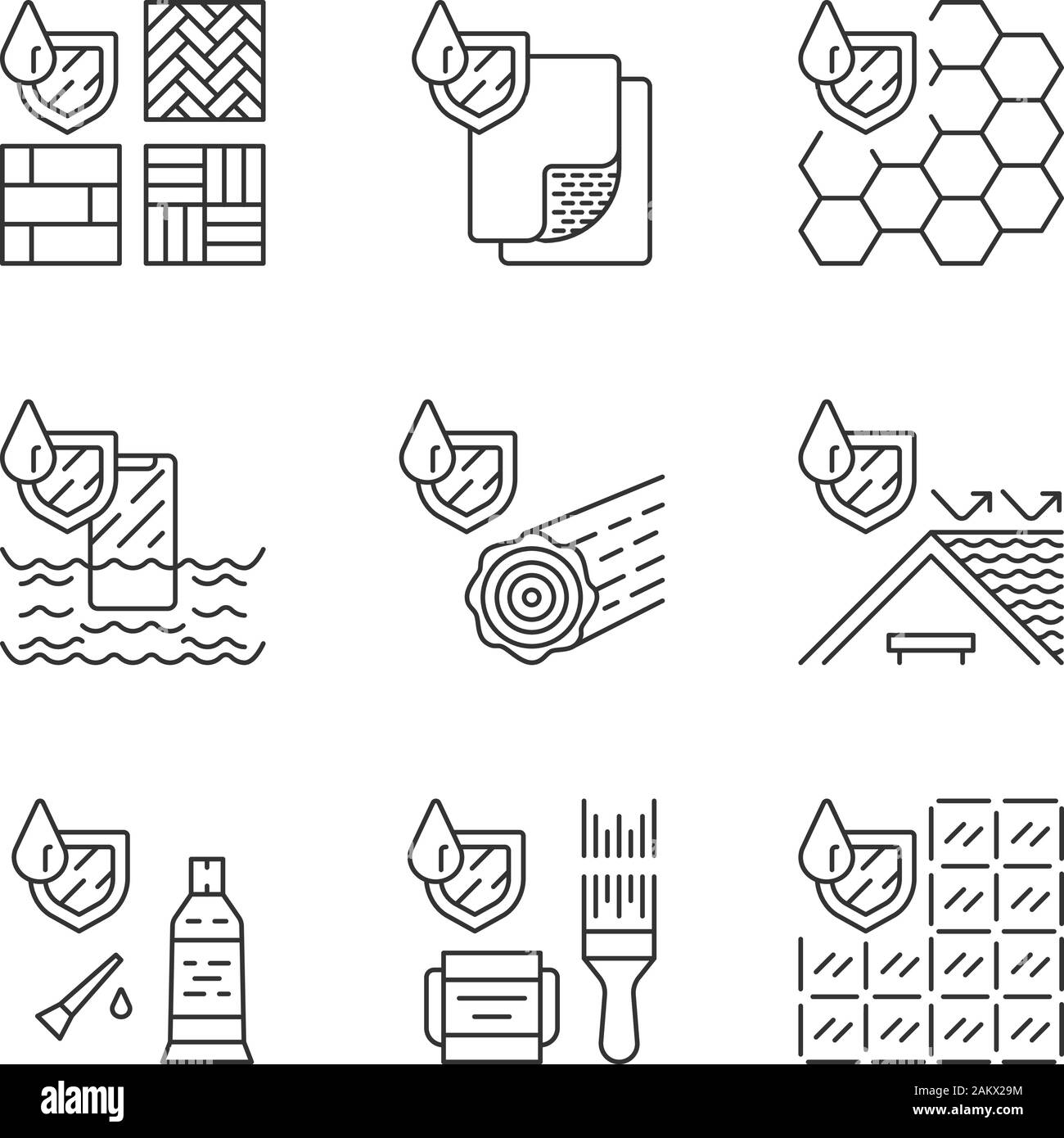 Waterproofing linear icons set. Water resistant materials, surfaces. Waterproof flooring, paint, tile, sealant, roof. Thin line contour symbols. Isola Stock Vector