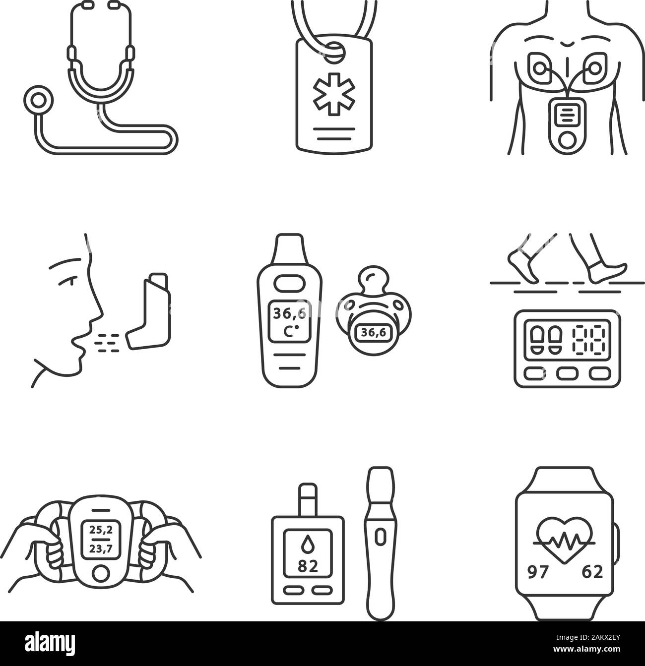 Medical devices linear icons set. Stethoscope, inhaler, muscle stimulator, glucometer, pedometer, fitness tracker. Thin line contour symbols. Isolated Stock Vector