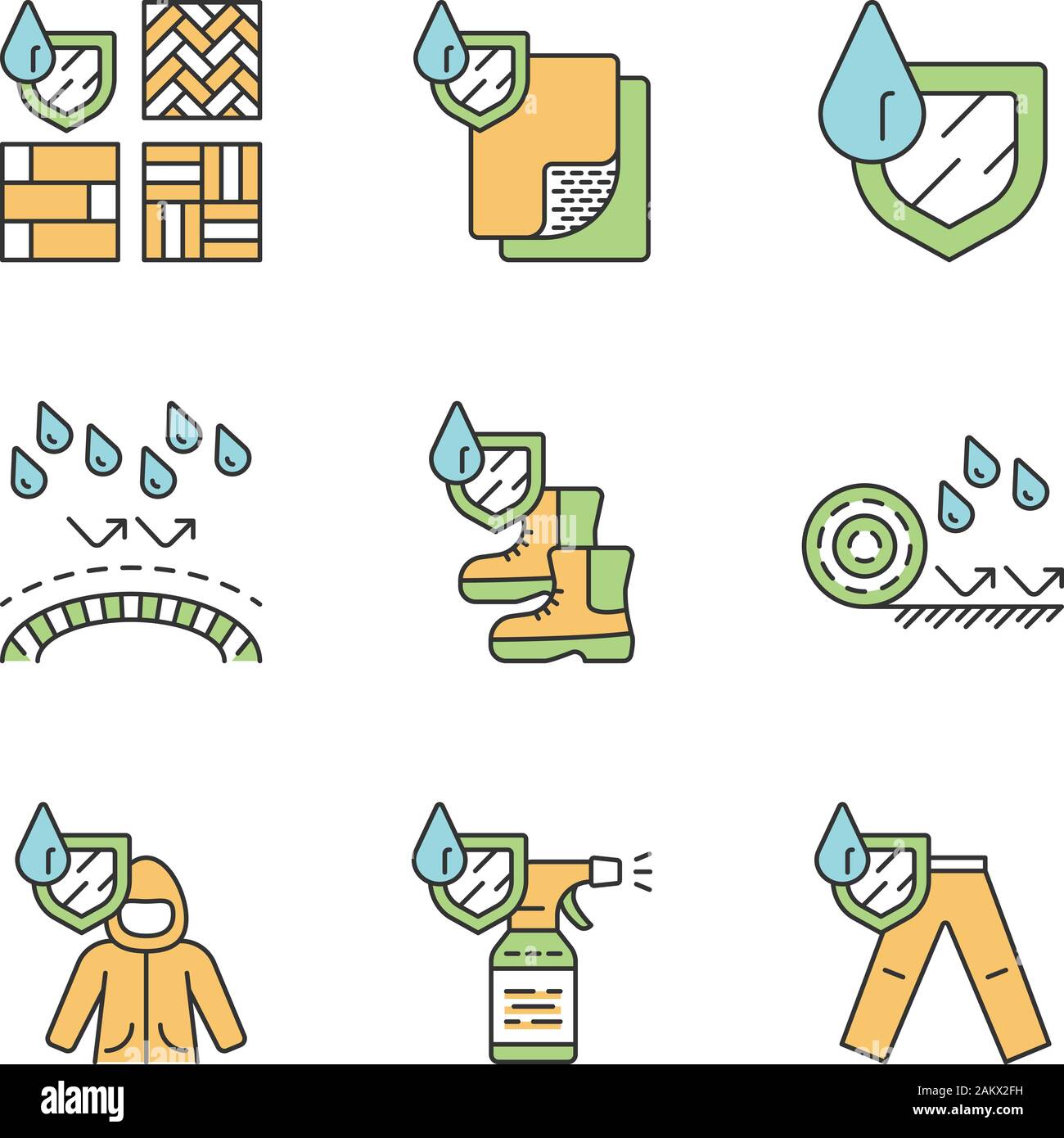 Waterproofing color icons set. Water resistant materials, fabric. Hydrophobic technology. Waterproof flooring, spray, coat, trousers. Liquid protectiv Stock Vector