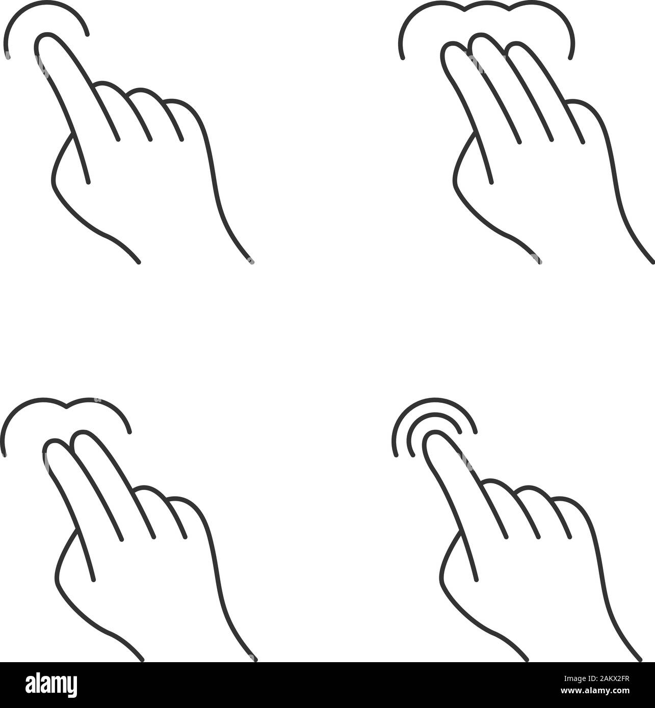 Touchscreen gestures linear icons set. Tap, point, click, double tap ...