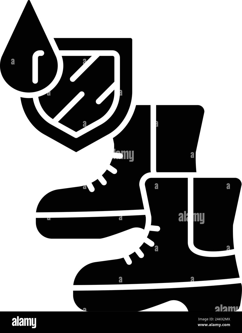Waterproof boots glyph icon. Water resistant shoes. Rainproof footwear. Hydrophobic, repellent outerwear. Waterproof DWR shoes. Silhouette symbol. Neg Stock Vector