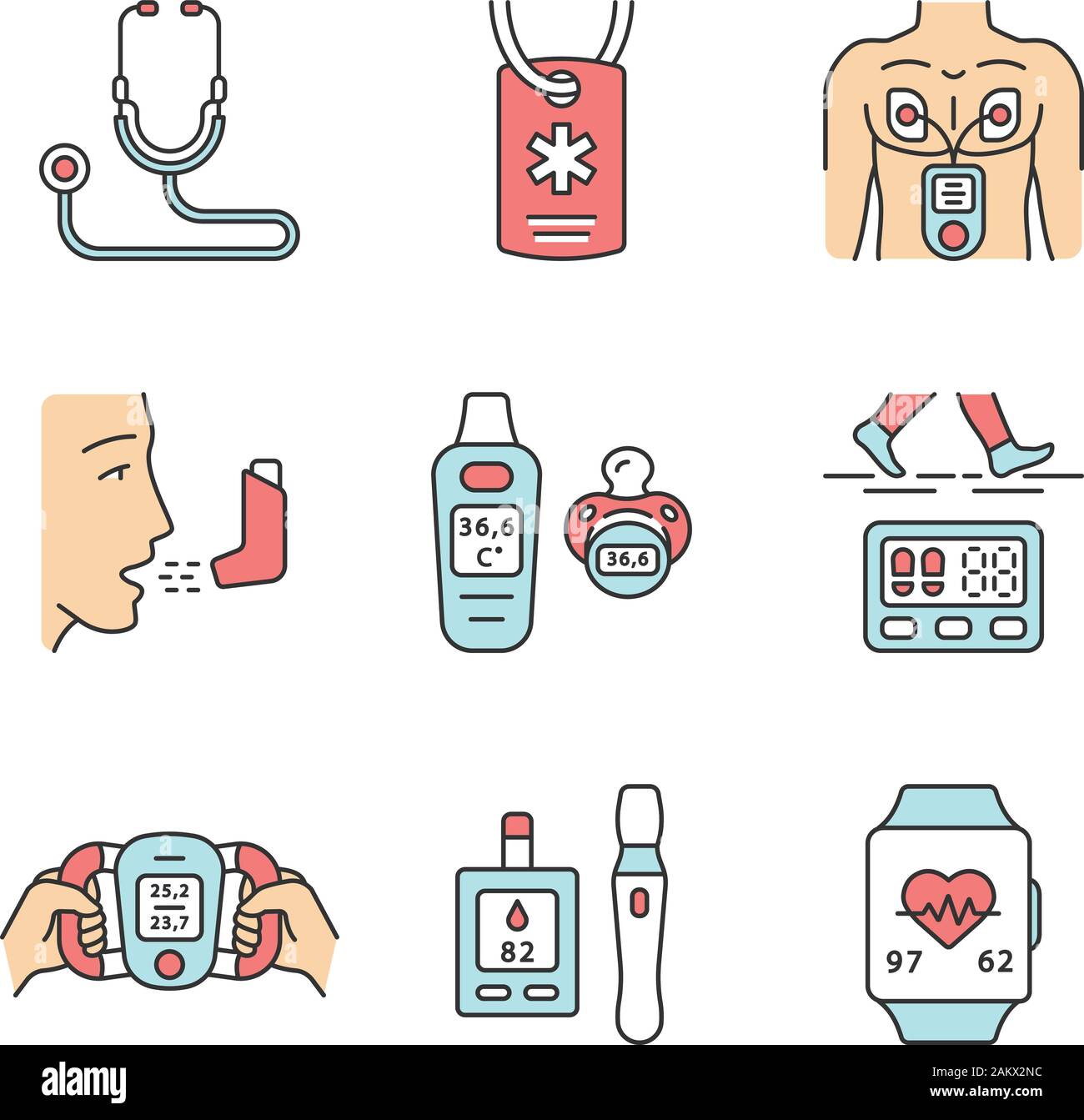 Medical devices color icons set. Stethoscope, medical alert ID necklace, inhaler, muscle stimulator, heart rate, blood sugar monitor, pedometer, baby Stock Vector
