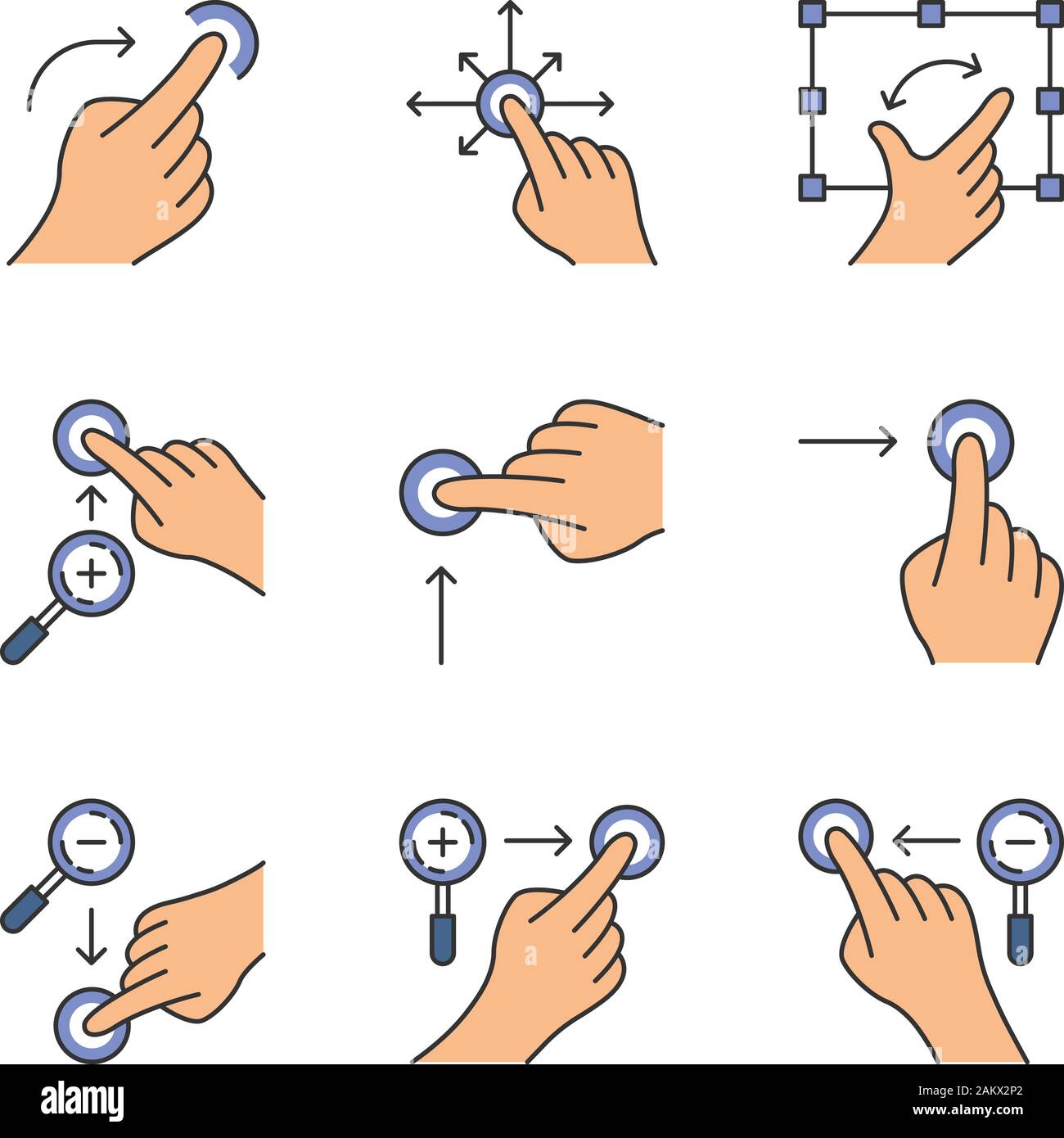 Touchscreen gestures color icons set. Vertical scroll up and horizontal scroll right gesturing. Zoom in vertical, zoom out horizontal. Drag finger all Stock Vector