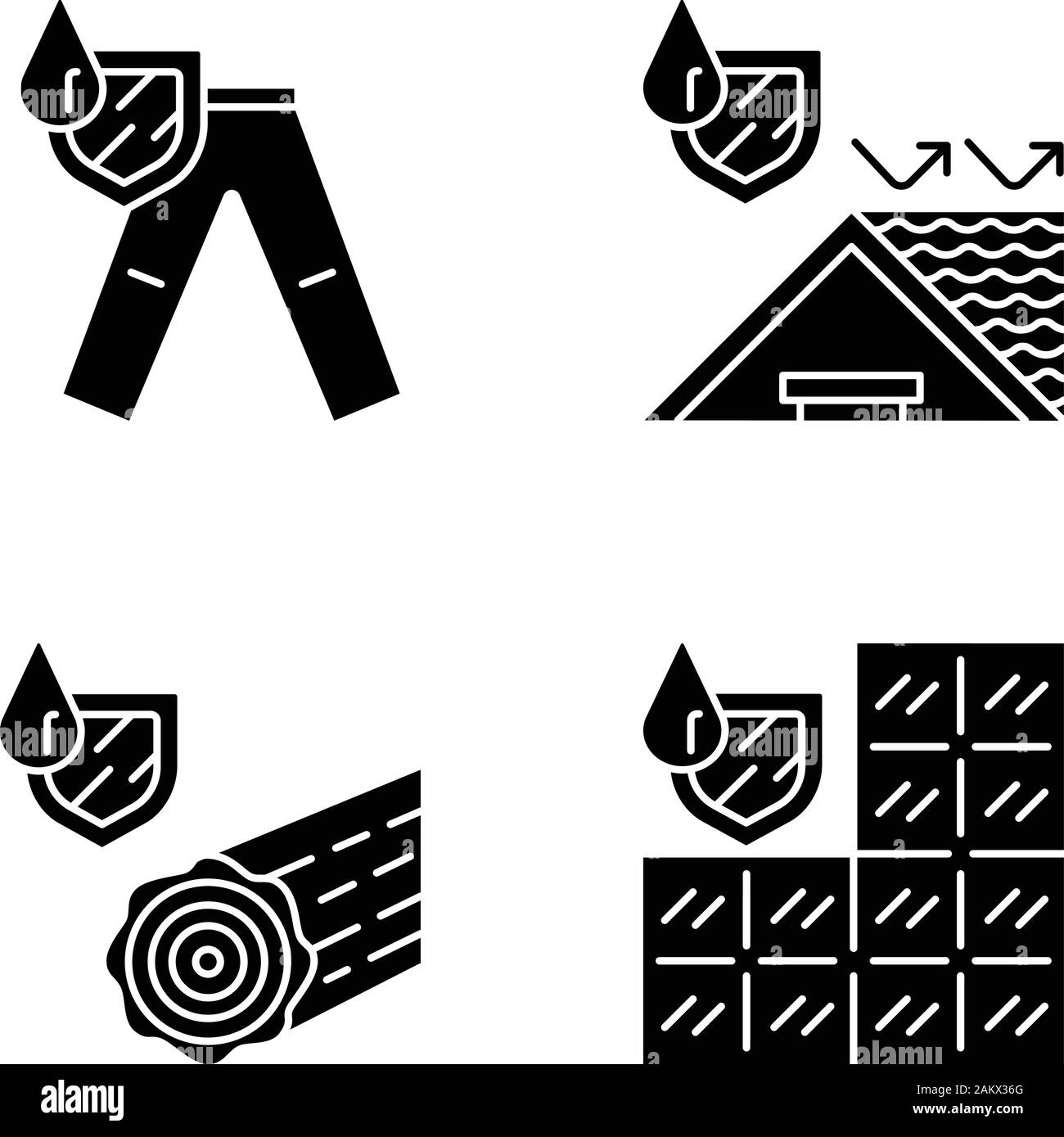 Waterproofing glyph icons set. Water resistant materials, clothing