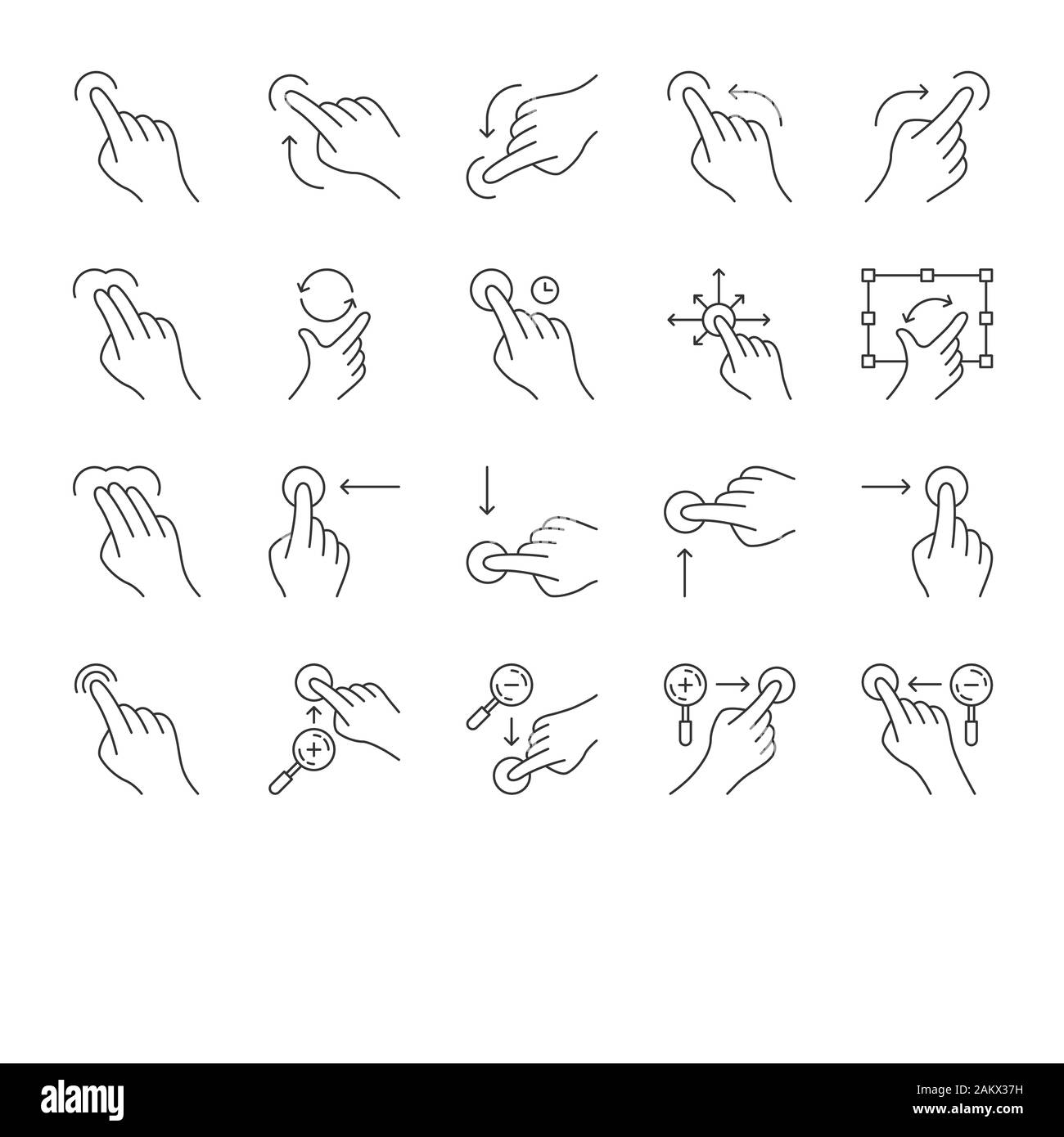 Touchscreen gestures linear icons set. Tap, point, 2x tap, 3x click gesturing. Flick, zoom gesture. Scroll up, down. Drag finger all directions. Thin Stock Vector