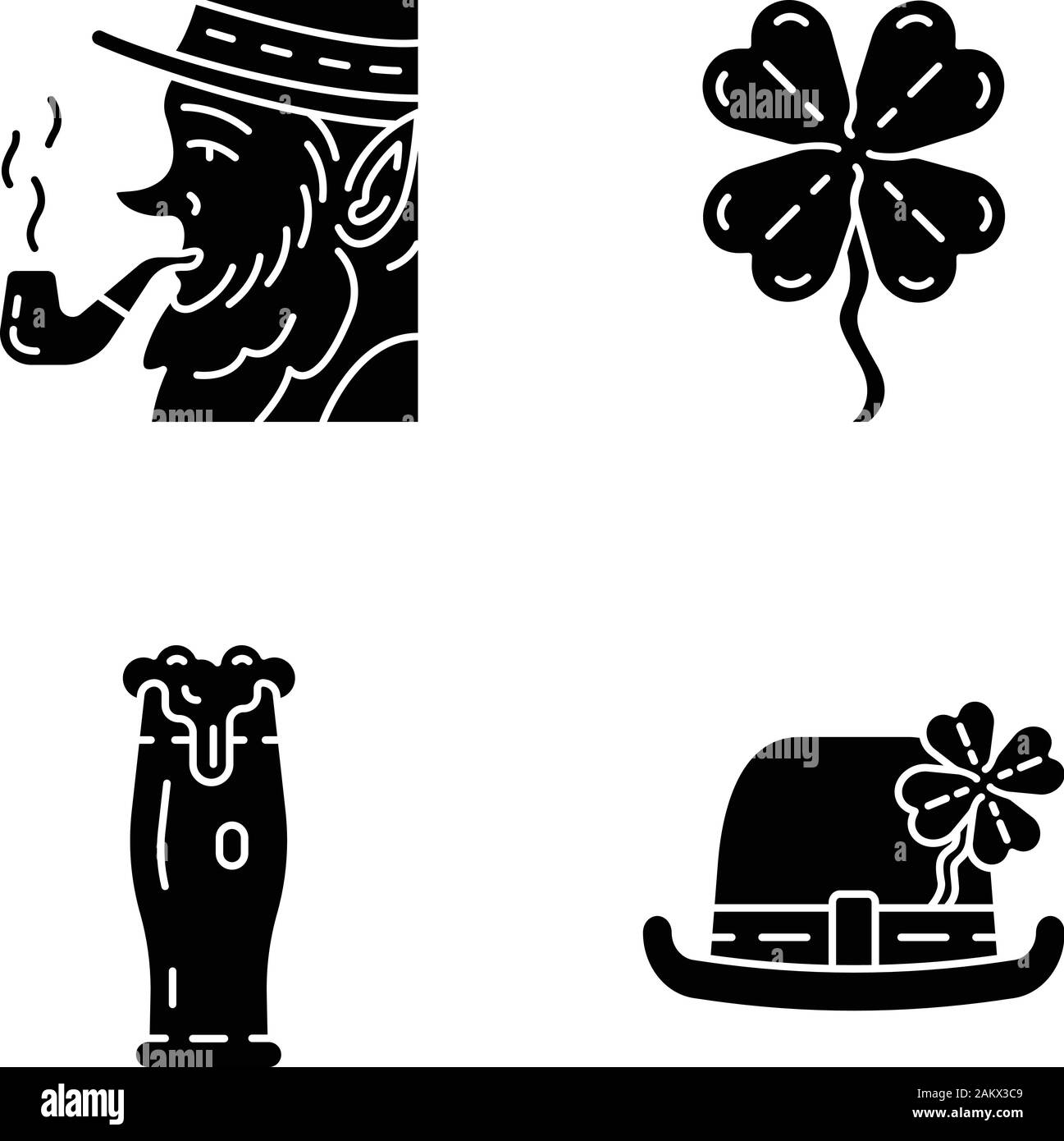Saint Patrick's Day glyph icons set. Silhouette symbols. Feast of St. Patrick. Bowler hat, leprechaun with pipe, glass of ale, four leaf clover. Vecto Stock Vector