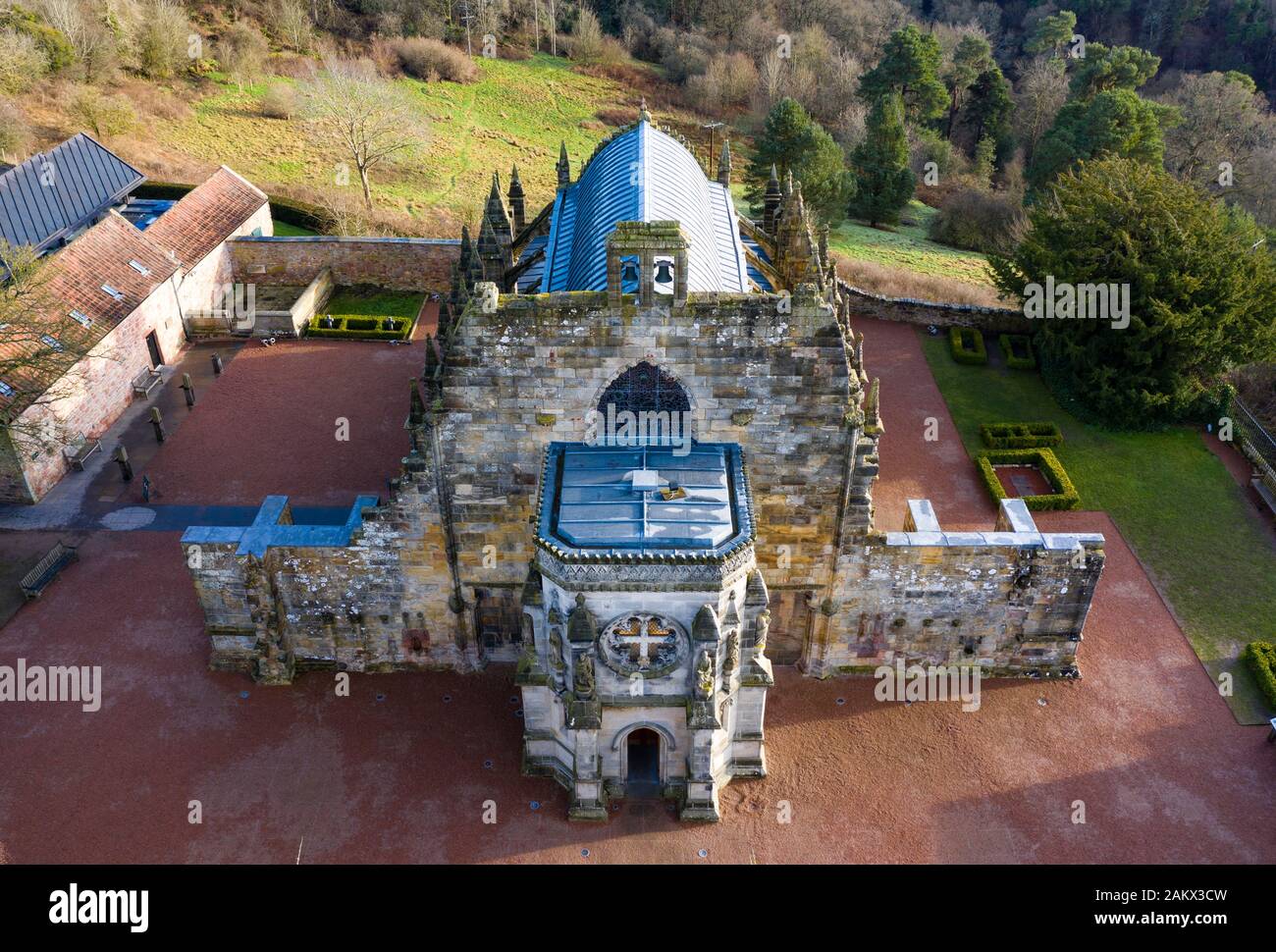 Aerial view of Rosslyn Chapel in Roslin village Midlothian, Scotland