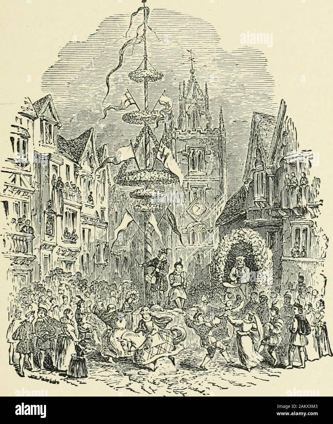 Historic byways and highways of Old England . ^, togetherwith the triumphant setting up of the great shaft,or principal May-pole, in Cornhill before the parishchurch of Saint Andrew, which was thence called. MAY-POI.E BEFORE SAINT ANDREW UNDERSHAFT, LONDON. Saint Andrew Undershaft. Stows book waspublished in 1598, and it supplies us with anaccount from the writers own observation of theMay-time merry-makings of his day. At thisperiod they were somewhat shorn of their ancientsplendour, owing to the dangerous riot whichoccurred on May Day, 1517. Much damage wasdone, and many lives were lost, bef Stock Photo