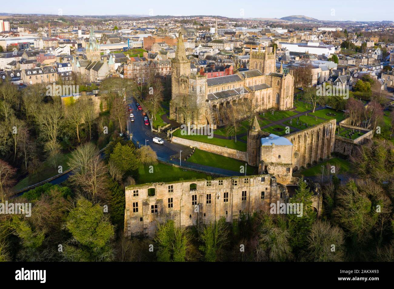 Aerial view of Dunfermlne Abbey and Palace, Dunfermline, Fife, Scotland