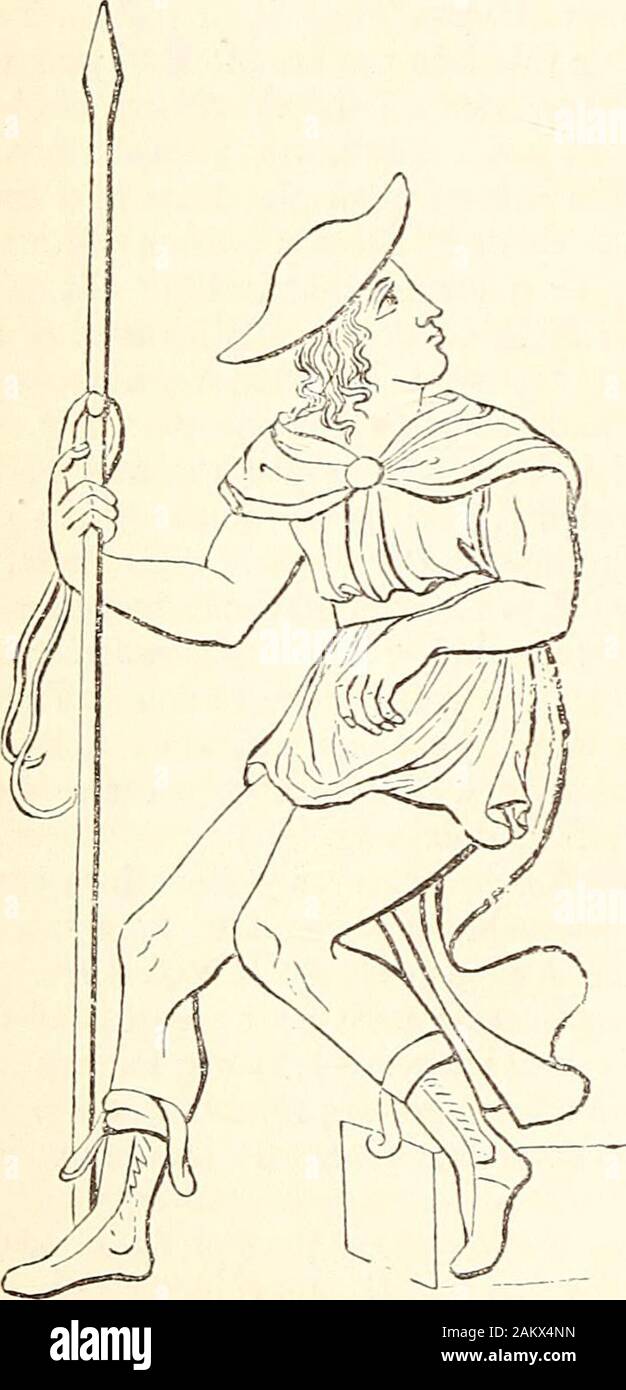 A dictionary of Greek and Roman antiquities.. . killed Hector by piercing him with his spearthrough the neck. (II. xxii. 326.) The Euboeans 588 HASTA. HASTA. were particularly celebrated as pikemen. (Horn.II. ii. 543.) 3. It was commonly thrown by thehand. The Homeric hero generally went to thefield with two spears. (Horn. 11. iii. 18, x. 76,xii. 298 ; Pind. Pyth. iv. 139.) On approachingthe enemy he first threw either one spear or both,and then on coming to close quarters drew hissword. (Horn. //. iii. 340, xvii. 580, xx. 273—284.) The spear frequently had a leathern thongtied to the middle o Stock Photo