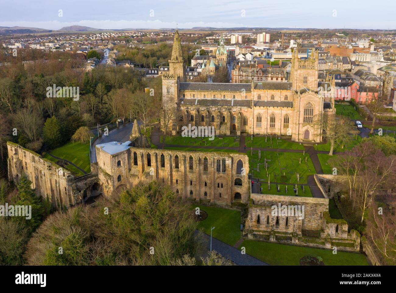 Aerial view of Dunfermlne Abbey and Palace, Dunfermline, Fife, Scotland