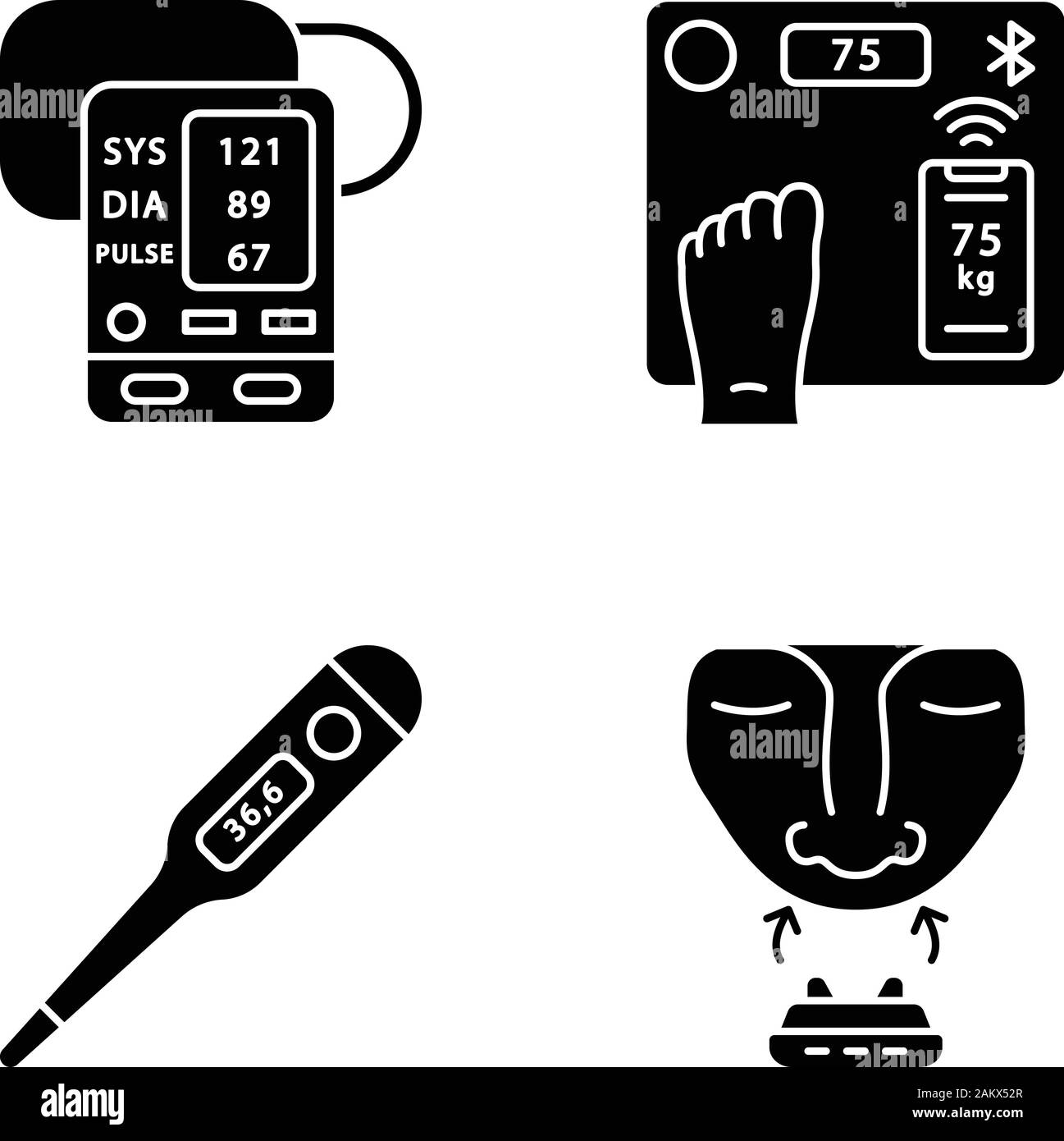 Medical devices glyph icons set. Blood pressure monitor, body weight smart scales, digital thermometer, anti snoring clip. Temperature, pulse monitor. Stock Vector