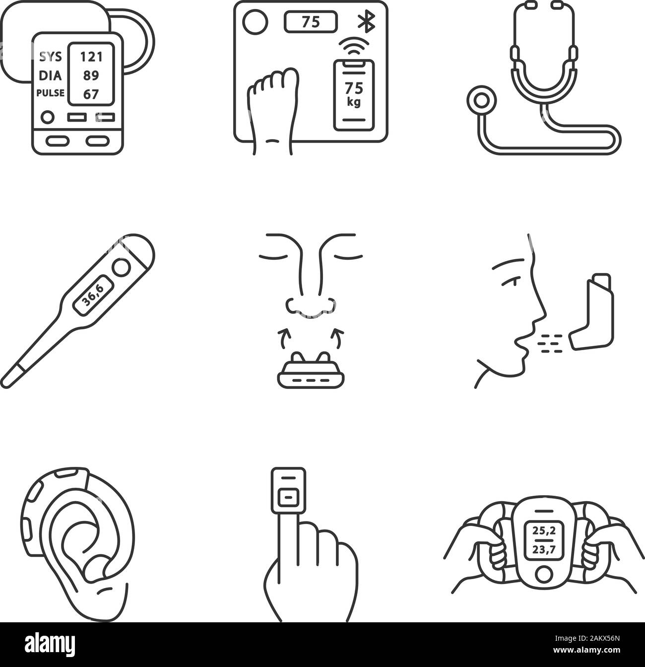 Medical devices linear icons set. Blood pressure monitor, body weight