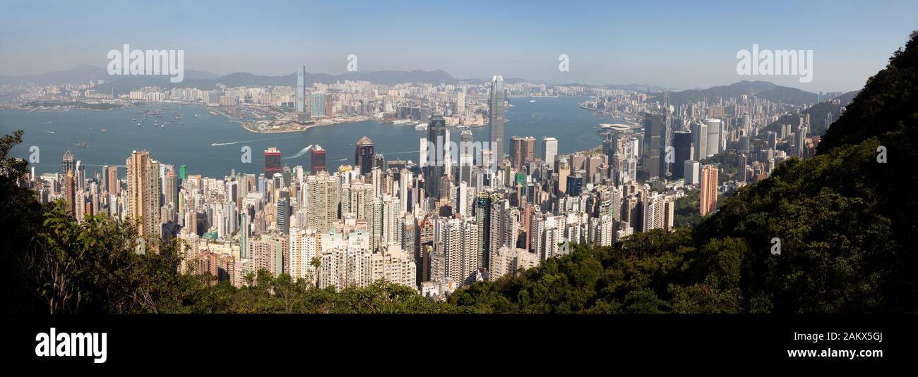 Hong Kong Panorama - panoramic view of Hong Kong from the Peak, Hong Kong harbour and skyline view, Hong Kong Asia Stock Photo