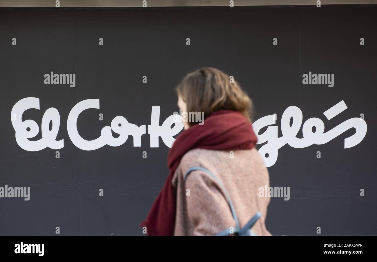 January 9, 2020, Spain: A pedestrian walks past the Spanish biggest department store El Corte InglÃ©s logo seen in Spain. (Credit Image: © Budrul Chukrut/SOPA Images via ZUMA Wire) Stock Photo