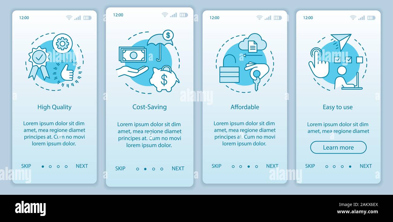 Marketing advantages onboarding mobile app page screen with linear ...