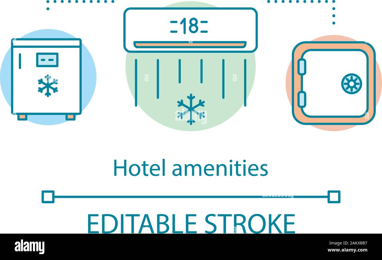 Hotel amenities concept icon. Fridge, air conditioning, safe. Room