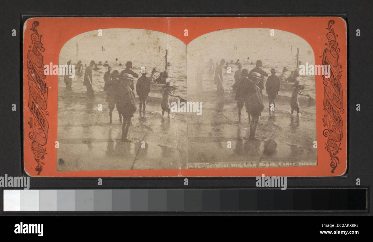 Scene at West Brighton Beach, Coney Island Includes views by Anthony, Keystone, Strohmeyer & Wyman and other photographers and publishers. Robert Dennis Collection of Stereoscopic Views. Title devised by cataloger. Views of Coney Island, Brighton and Manhattan Beaches: people on the beach, in the water, one view showing drowned boy, rescuers and onlookers, benches, Iron Pier, Oriental Hotel and an amusement ride called the Razzle Dazzle at Coney Island; Music Pavilion, boardwalk, Hotel Brighton, Feltman's Hotel at Brighton Beach; Manhattan Beach Hotel, music stand; toll gate on Shell Road.; S Stock Photo