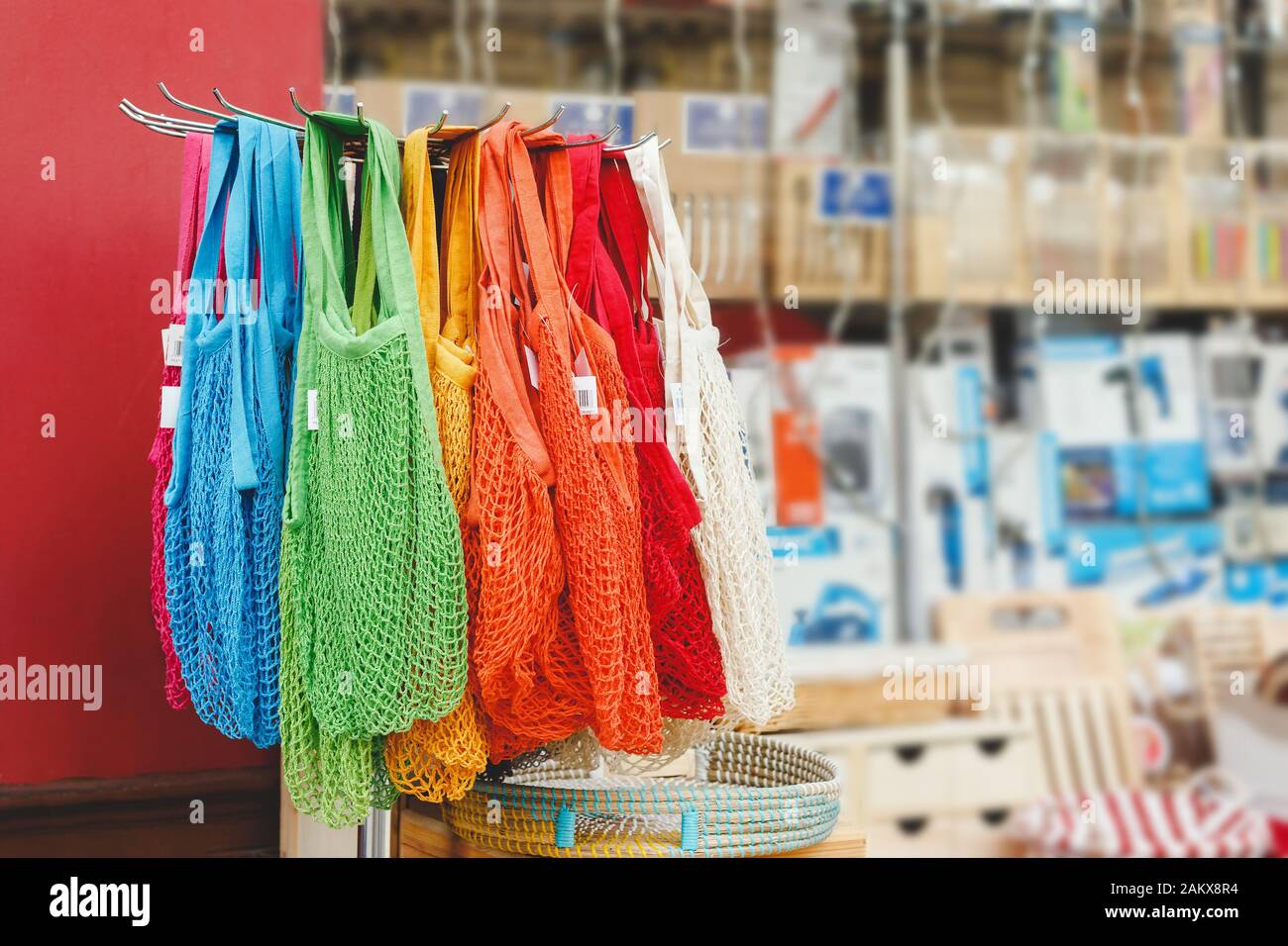 String bags. Store with many different colors string bags, basket. No