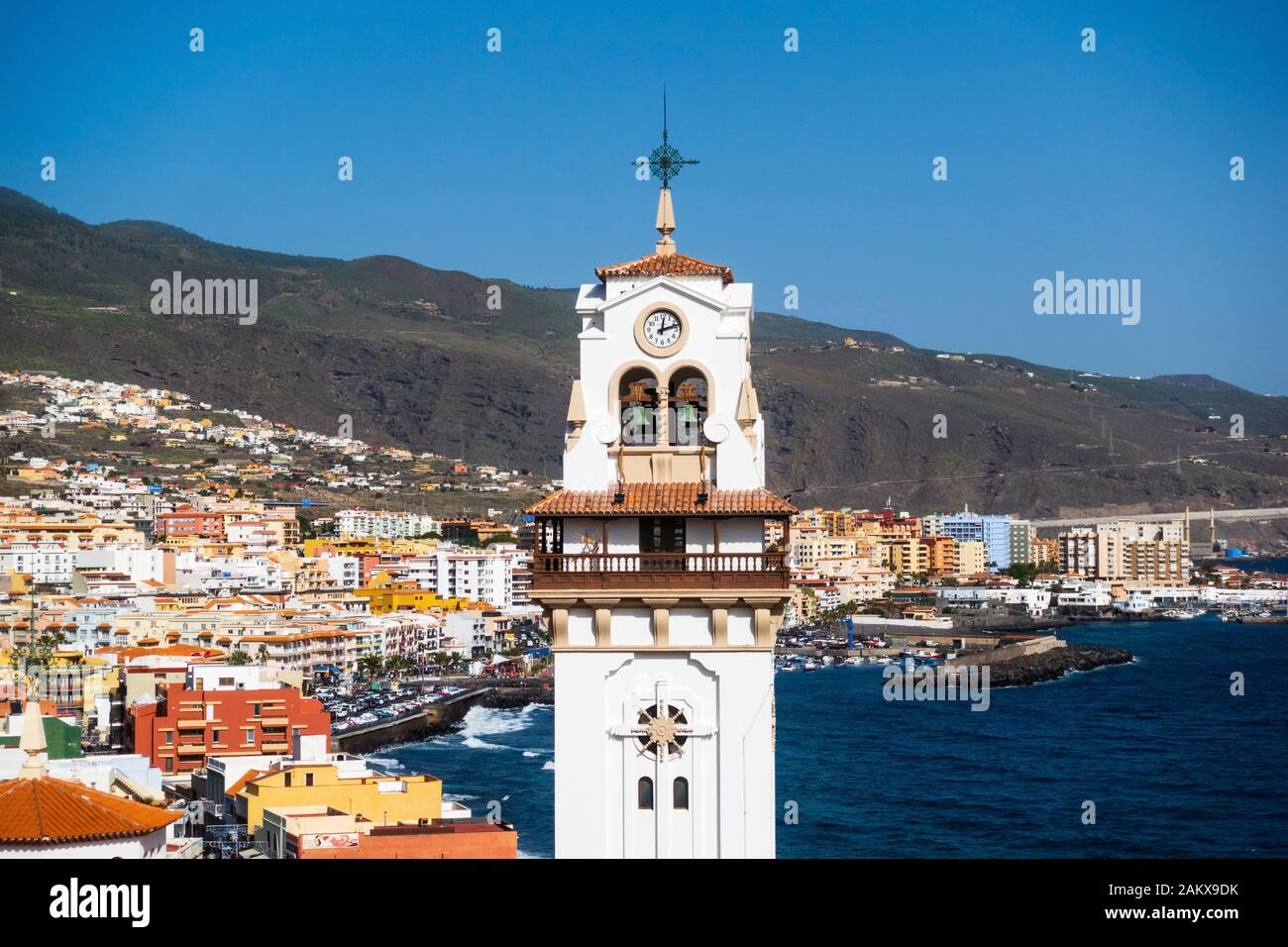 Candelaria, Tenerife, Spain - 27 December, 2019. Beautiful view on Candelaria town with Basilica de Nuestra Senora de Candelaria Church on the foregro Stock Photo