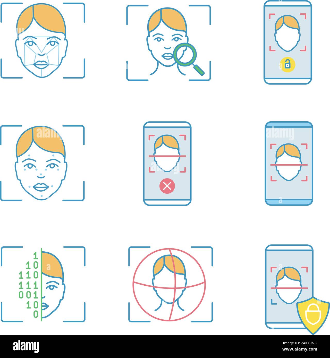 Facial recognition color icons set. Biometric identification. Faceprint analysis, face lock scanning, banking, rejection, protection smartphone apps, Stock Vector