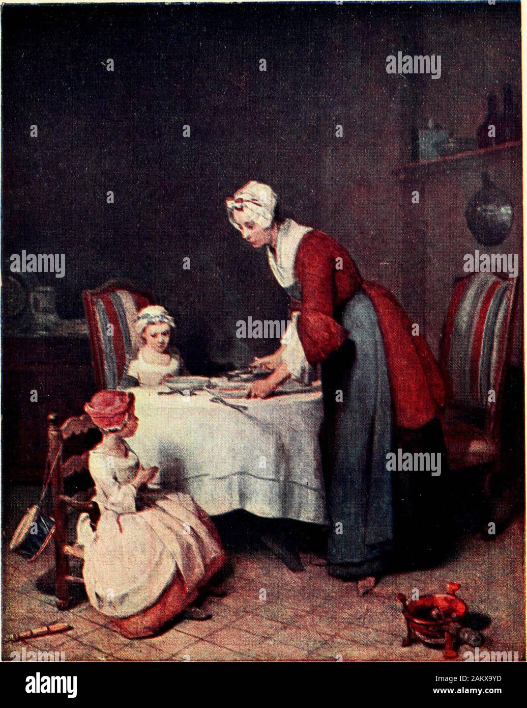 Chardin . u step back the objectstake form and begin to be real nature.On a later occasion he describes Chardinsstyle as a harsh method of painting withthe thumb as much as with the brush; ajuxtaposition of touches, a confused and PLATE IV.—LE B£N£DICITE (GRACEBEFORE MEAT) (In the Louvre) Le Benedicite, or Grace before Meat, is perhaps the mostpopular and best known of all Chardins domestic genre pieces. Itcombines the highest technical and artistic qualities with a touchingsimplicity of sentiment that must endear it even to those who cannotappreciate its artistry. Several replicas of it are k Stock Photo