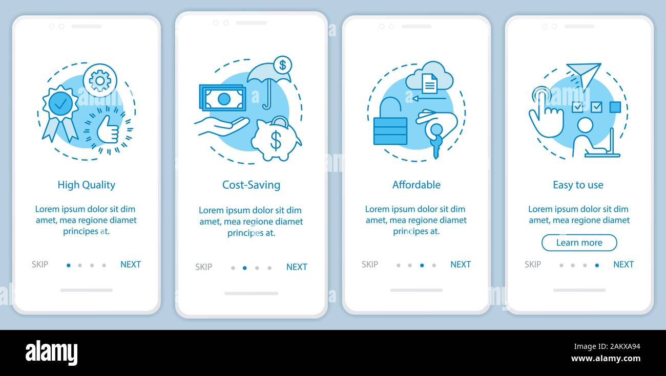 Software benefits onboarding mobile app page screen with linear ...