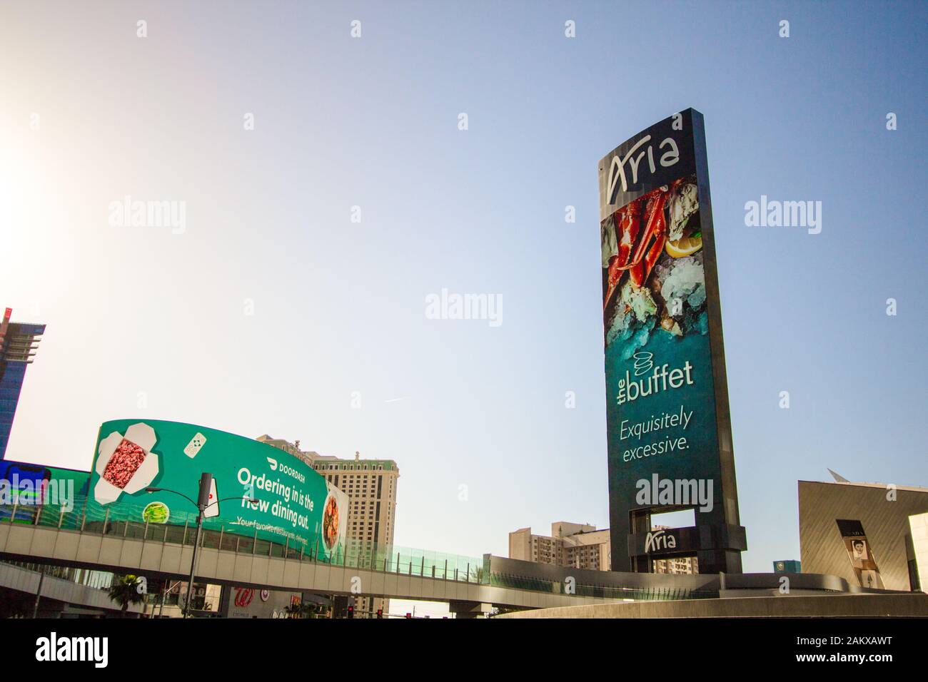 Las Vegas, Nevada, USA -  Exterior sign for the Aria Casino and Resort on the Las Vegas Strip. Aria opened in 2009 and is located on the center strip. Stock Photo