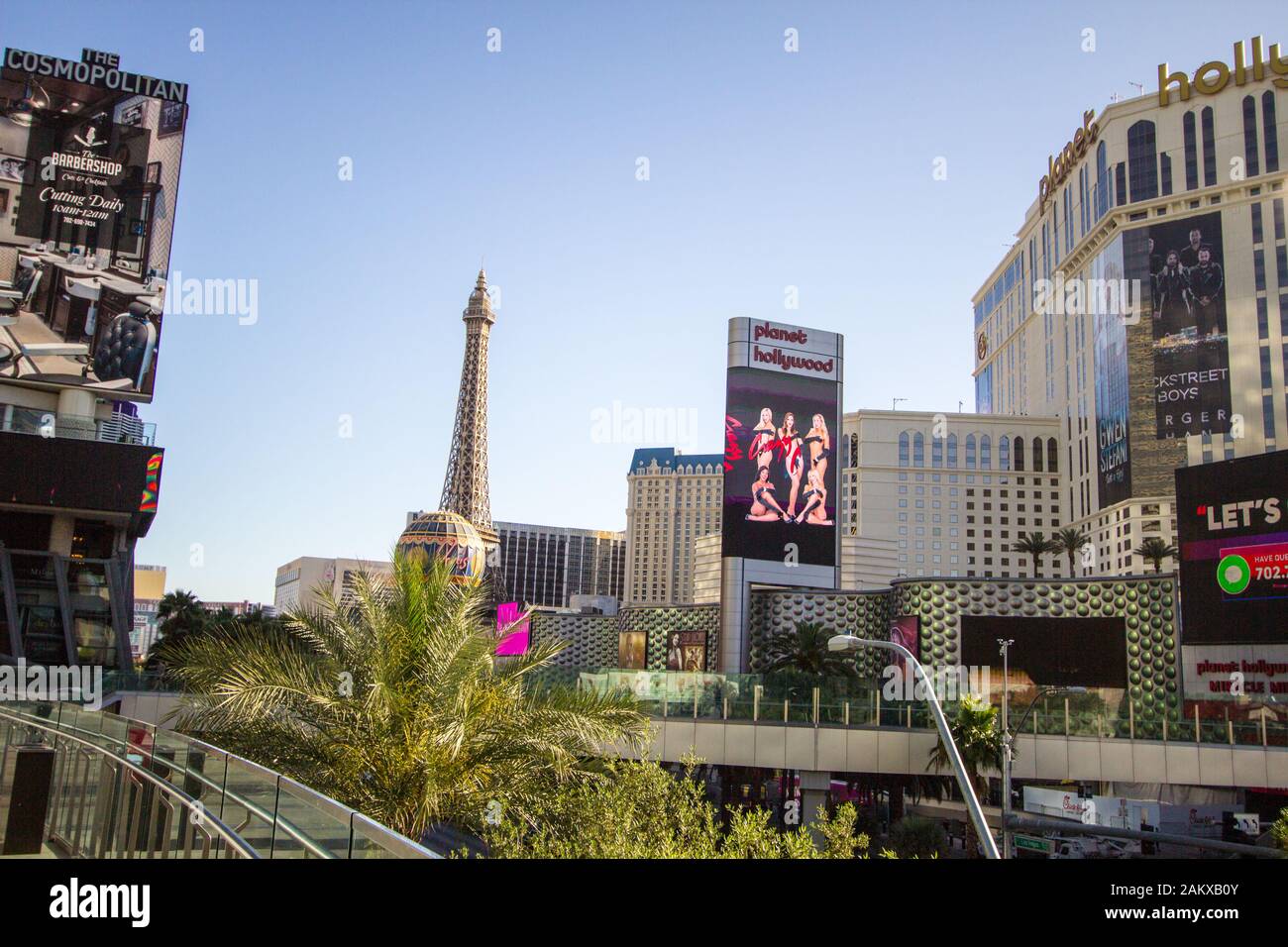 Las Vegas, Nevada -  Daytime panoramic view of the famous Las Vegas Strip with Planet Hollywood and the Paris Resort And Casino. Stock Photo