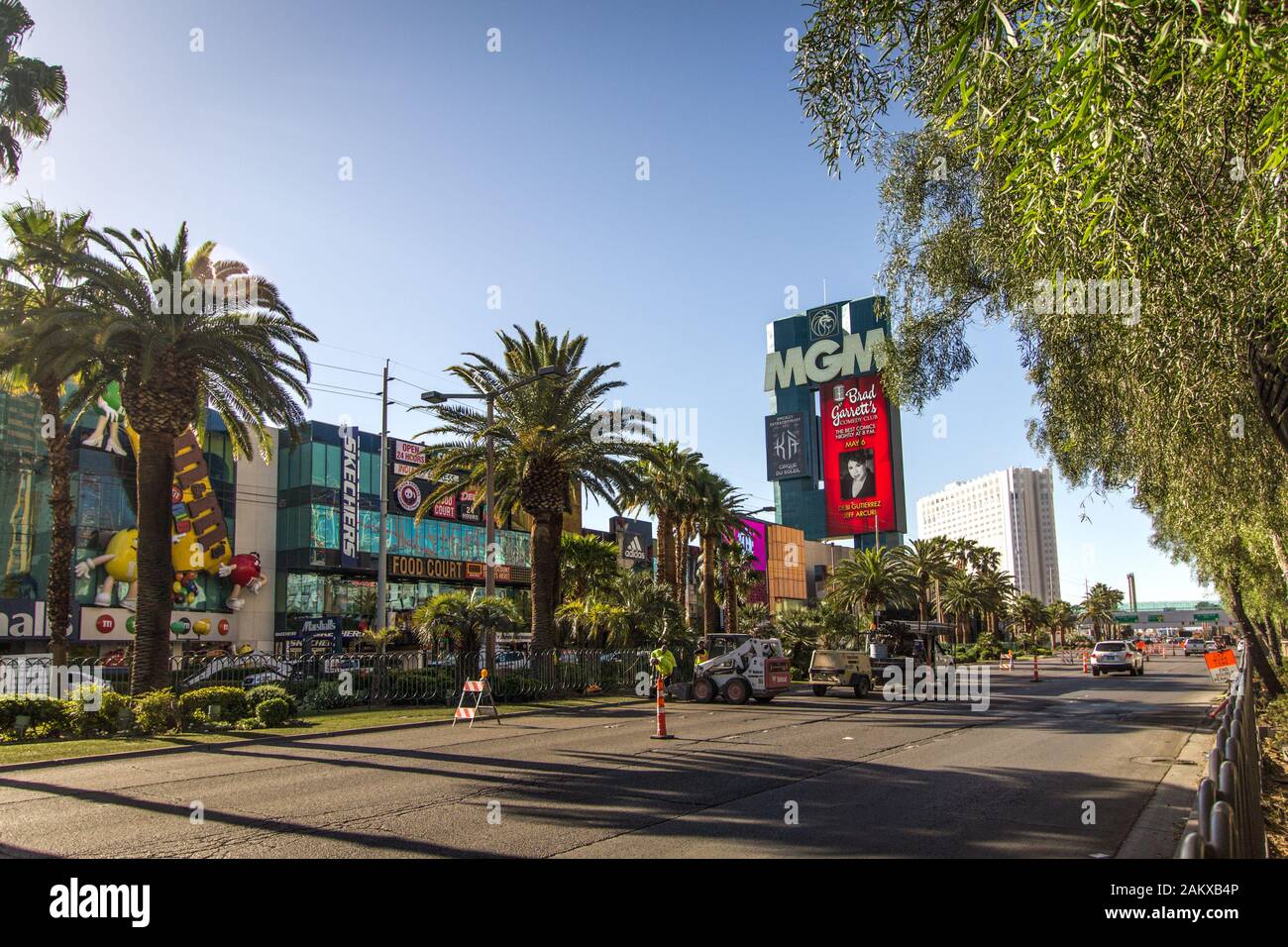Las Vegas, Nevada - Street level view of the famous Las Vegas Strip with the MGM sign, traffic and storefronts in the heart of Las Vegas, Nevada. Stock Photo