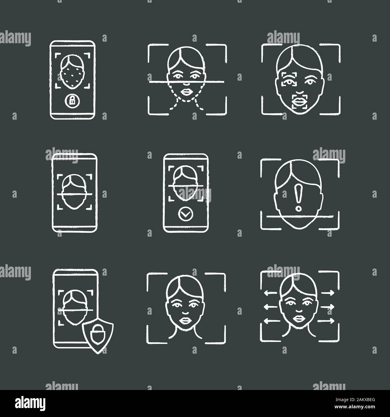 Facial recognition chalk icons set. Face lock, banking, approved