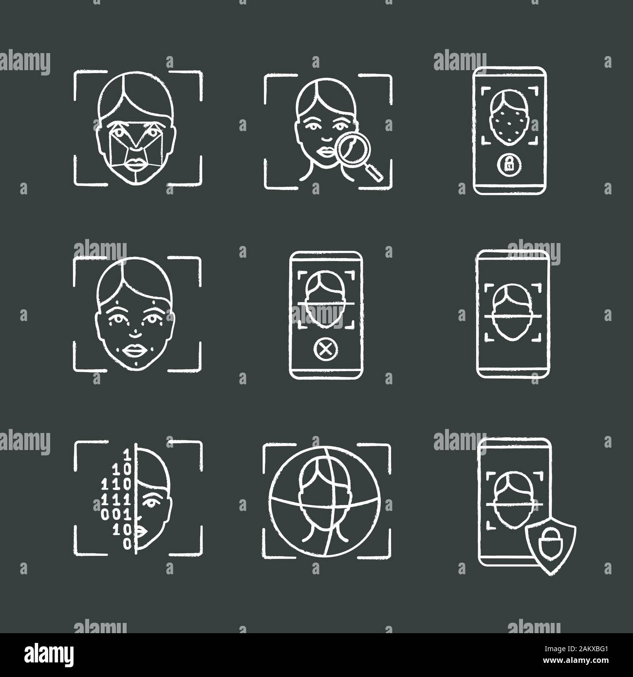 Facial recognition chalk icons set. Biometric identification. Faceprint