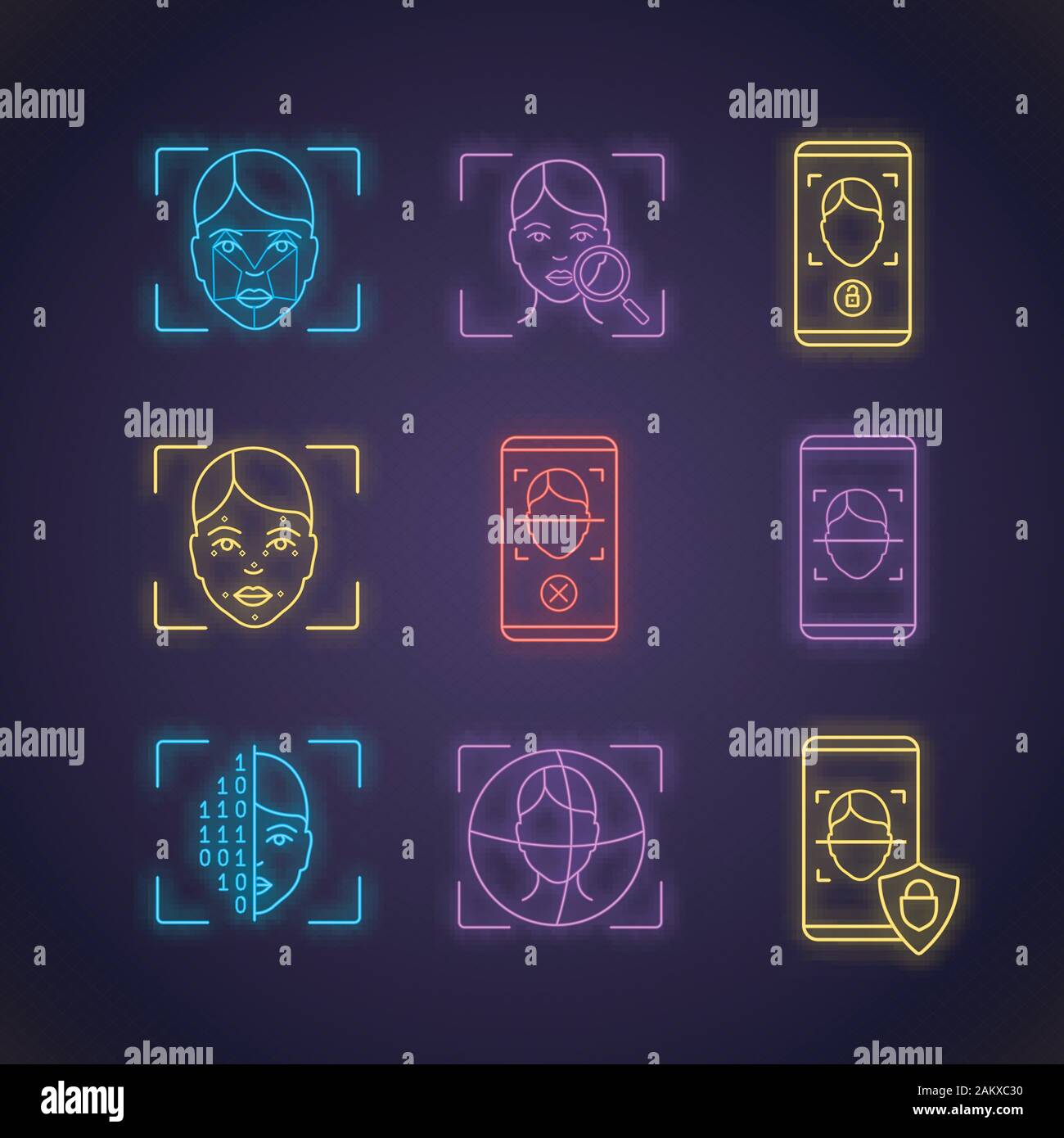 Facial recognition neon light icons set. Biometric identification. Faceprint analysis, face lock scanning, banking, rejection smartphone apps, 3d scan Stock Vector