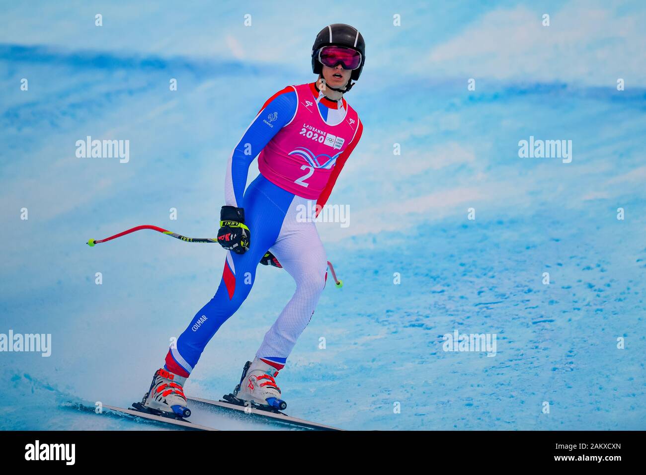 LAUSANNE, SWITZERLAND. 10th, Jan 2020. SAMBUIS Baptiste (FRA) competes in Alpine Ski Mens Super G during the Lausanne 2020 Youth Olympic Games at Les Diablerets Alpine Centre on Friday, 10 January 2020. LAUSANNE, SWITZERLAND. Credit: Taka G Wu/Alamy Live News Stock Photo