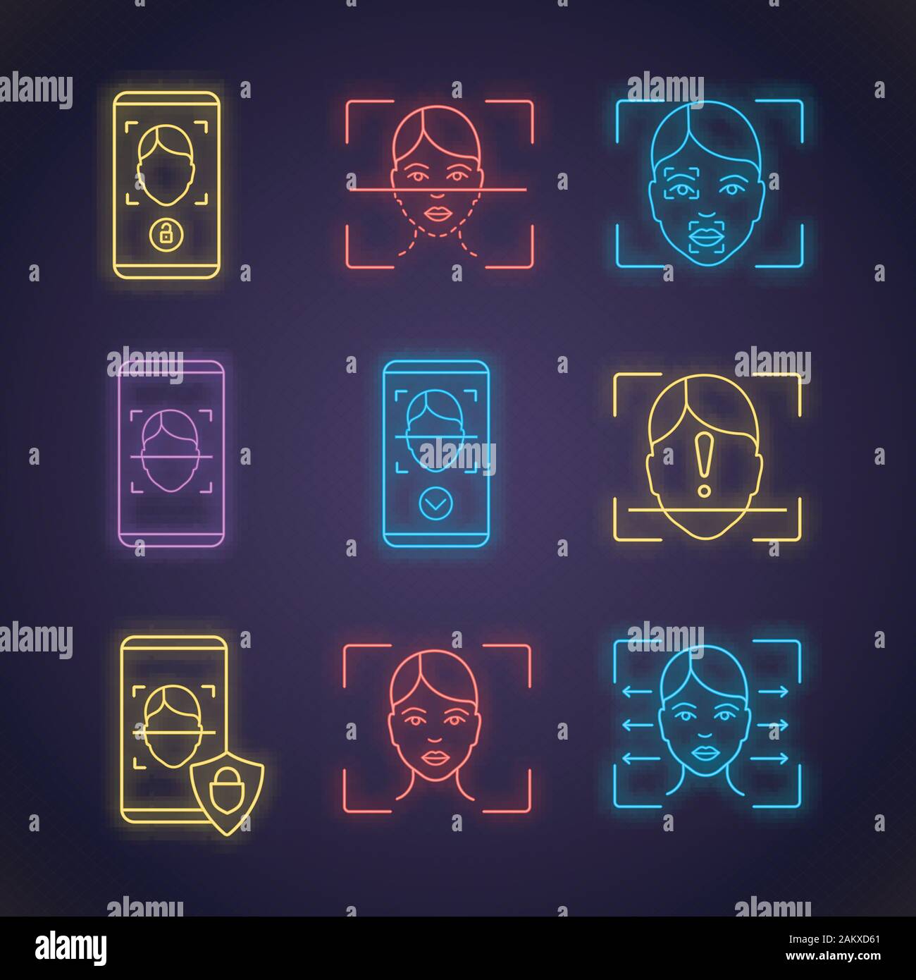 Facial recognition neon light icons set. Face lock, banking, approved