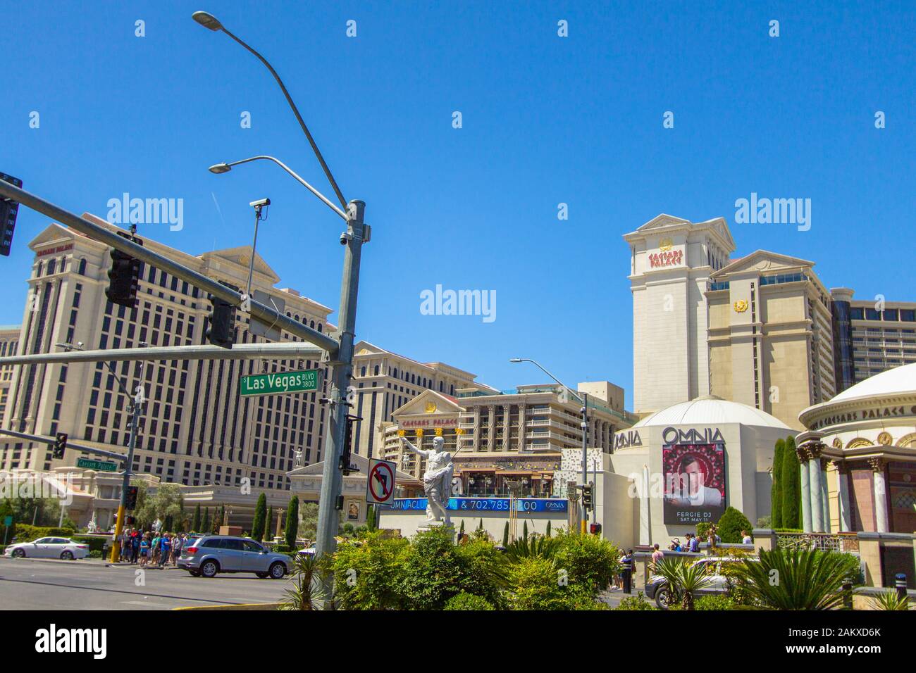 Las Vegas, Nevada, USA -  May 6, 2019: Busy intersection with road sign for the Las Vegas Boulevard. Stock Photo