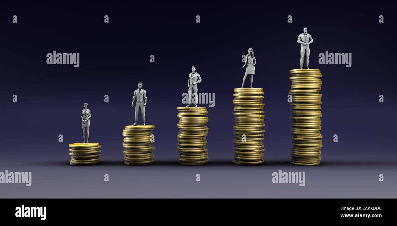 Finance Wealth Increase with Business People Standing on Chart of Gold Coins Stock Photo